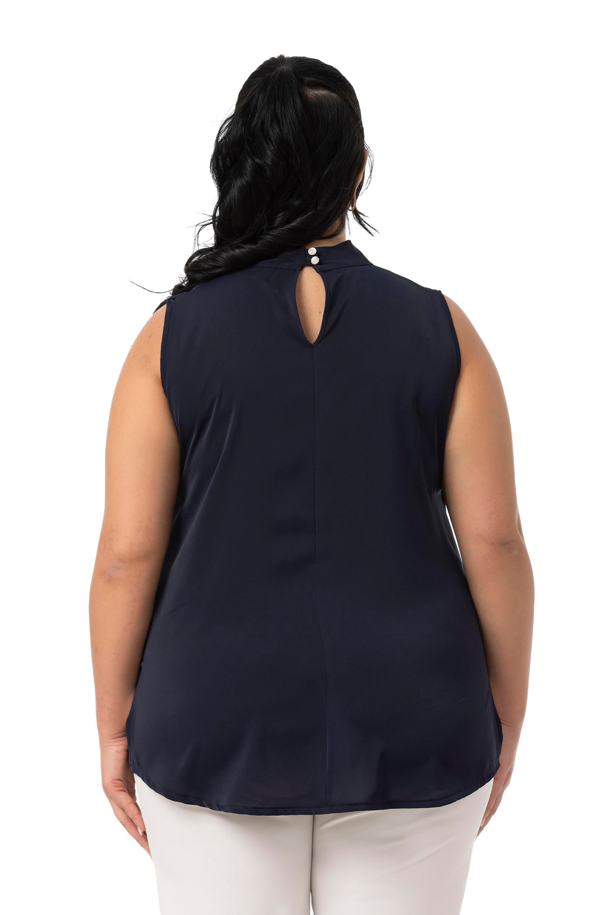 Büyük Beden Yarım Dik Yaka Asimetrik Volanlı Kolsuz Lacivert Bluz