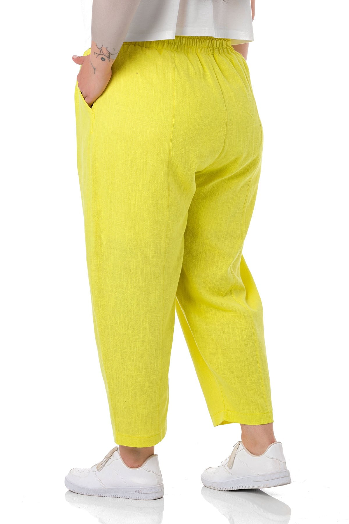 Plus Size Half Shalwar Lined Pocket Elastic Waist and Drawstring Linen Yellow Trousers