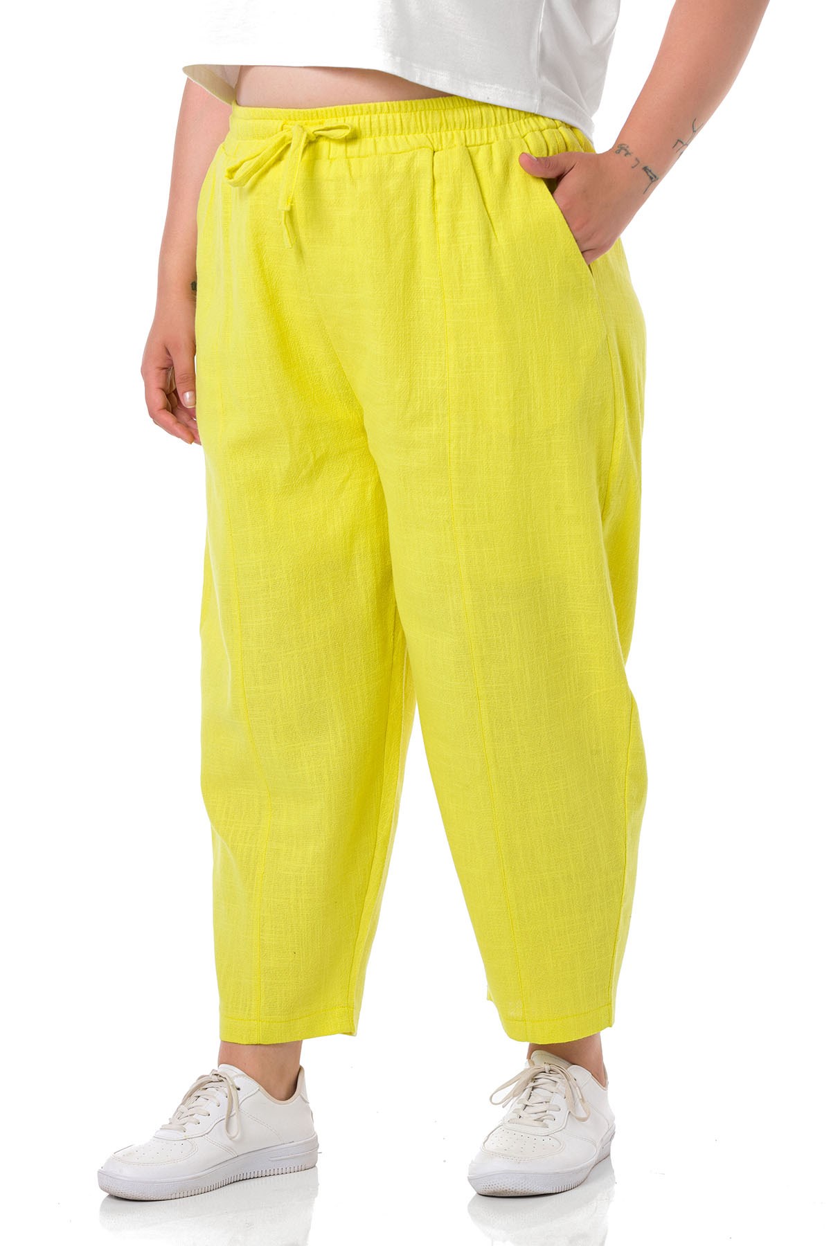 Plus Size Half Shalwar Lined Pocket Elastic Waist and Drawstring Linen Yellow Trousers