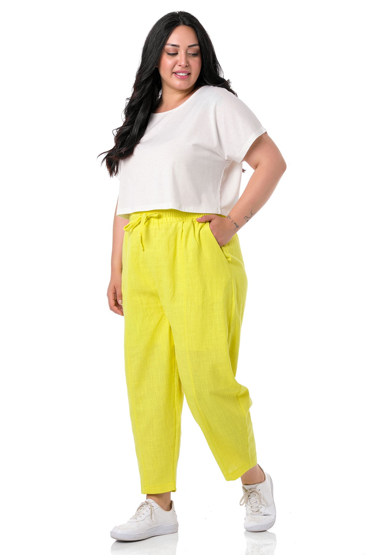 Plus Size Half Shalwar Lined Pocket Elastic Waist and Drawstring Linen Yellow Trousers