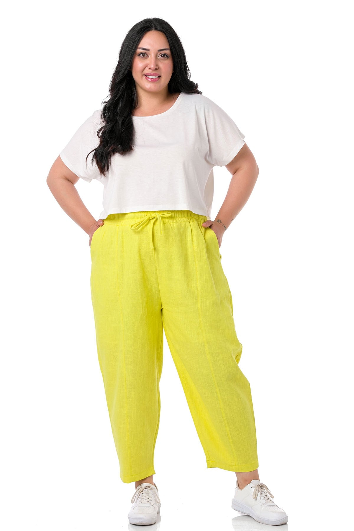 Plus Size Half Shalwar Lined Pocket Elastic Waist and Drawstring Linen Yellow Trousers