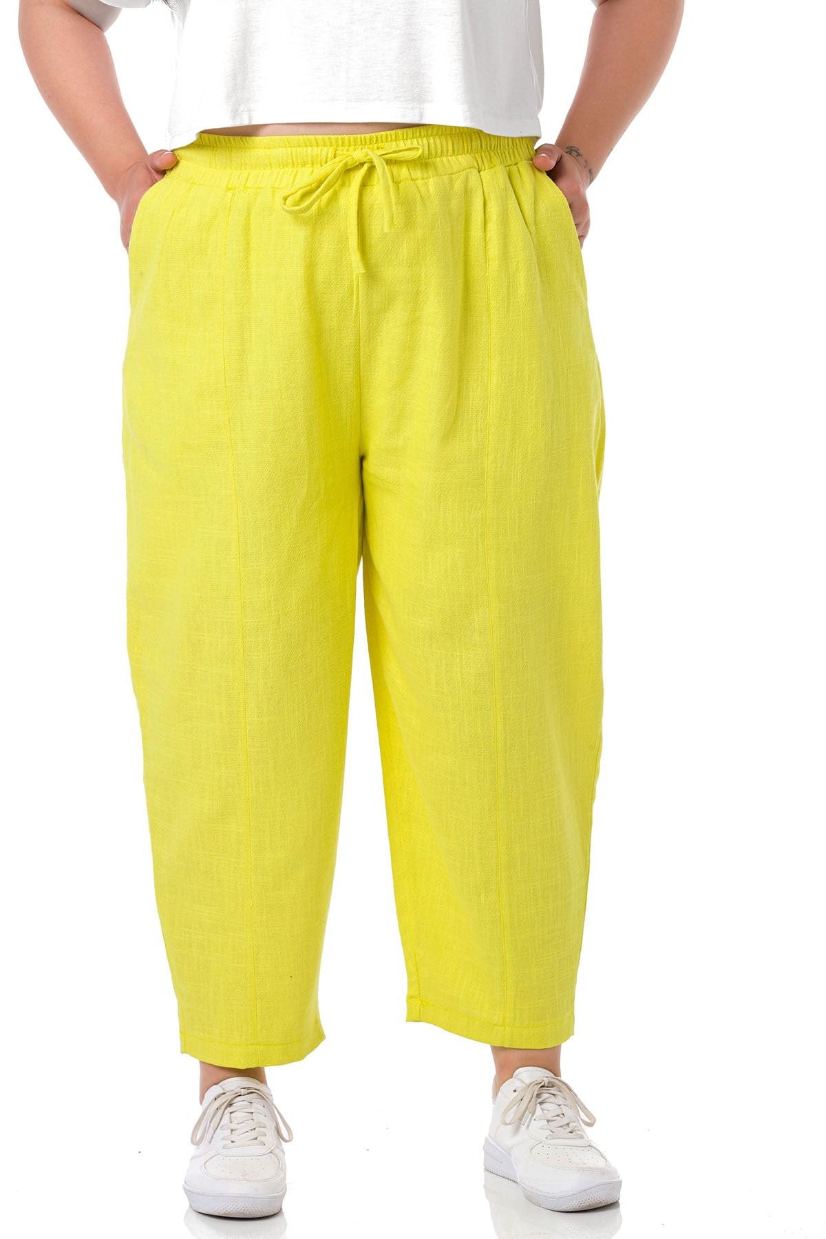 Plus Size Half Shalwar Lined Pocket Elastic Waist and Drawstring Linen Yellow Trousers