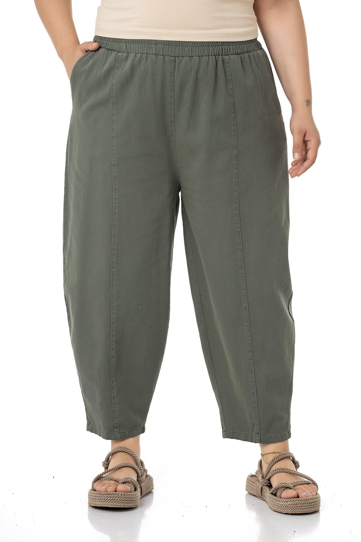 Plus Size Half Shalwar Khaki Trousers with Elastic Waist