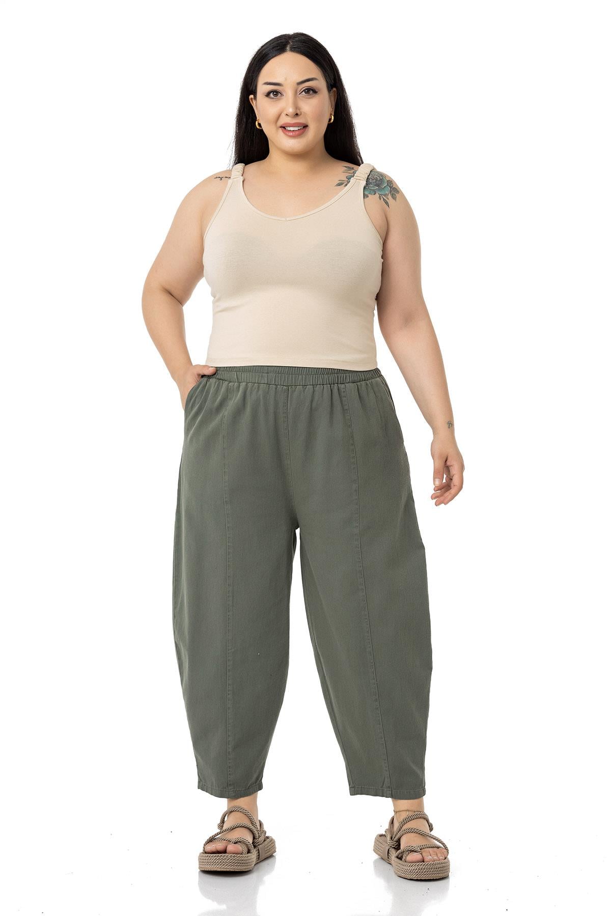 Plus Size Half Shalwar Khaki Trousers with Elastic Waist