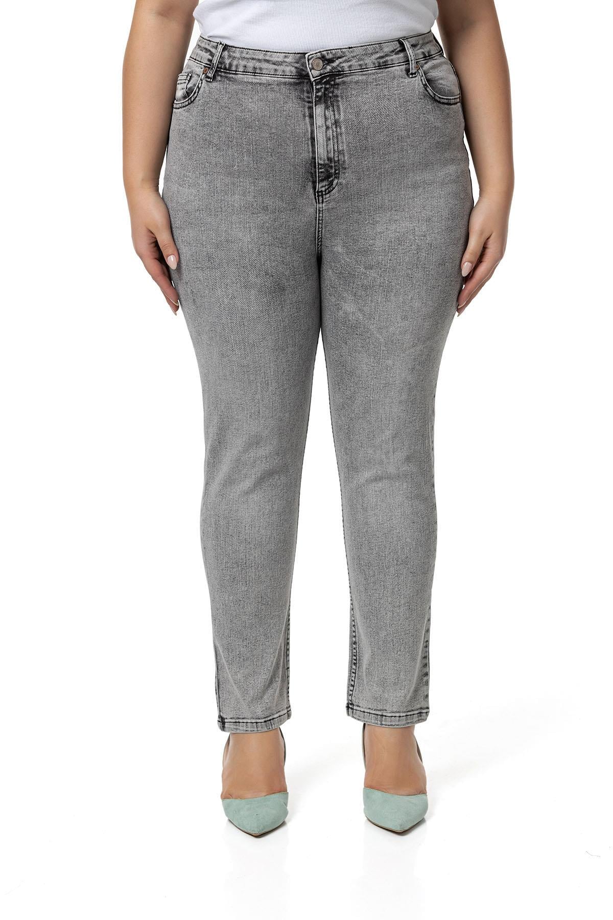 Büyük Beden Yüksek Bel Dar Paça Açık Gri Denim Pantolon