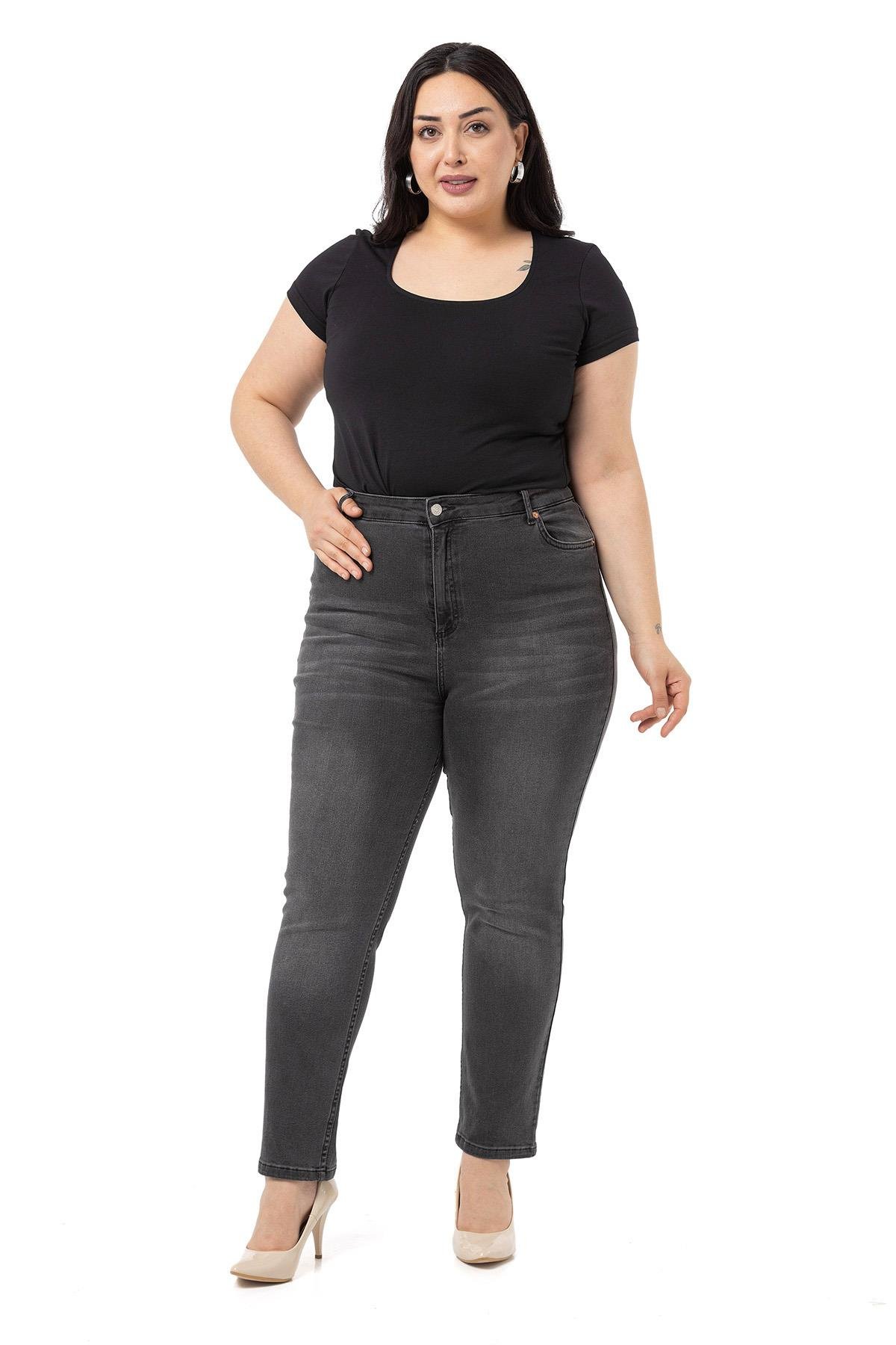 Plus Size High Waist Slim Leg Anthracite Trousers
