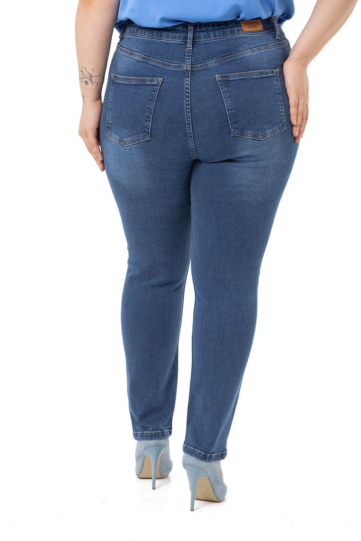 Plus Size High Waist Slim Leg Blue Denim Trousers