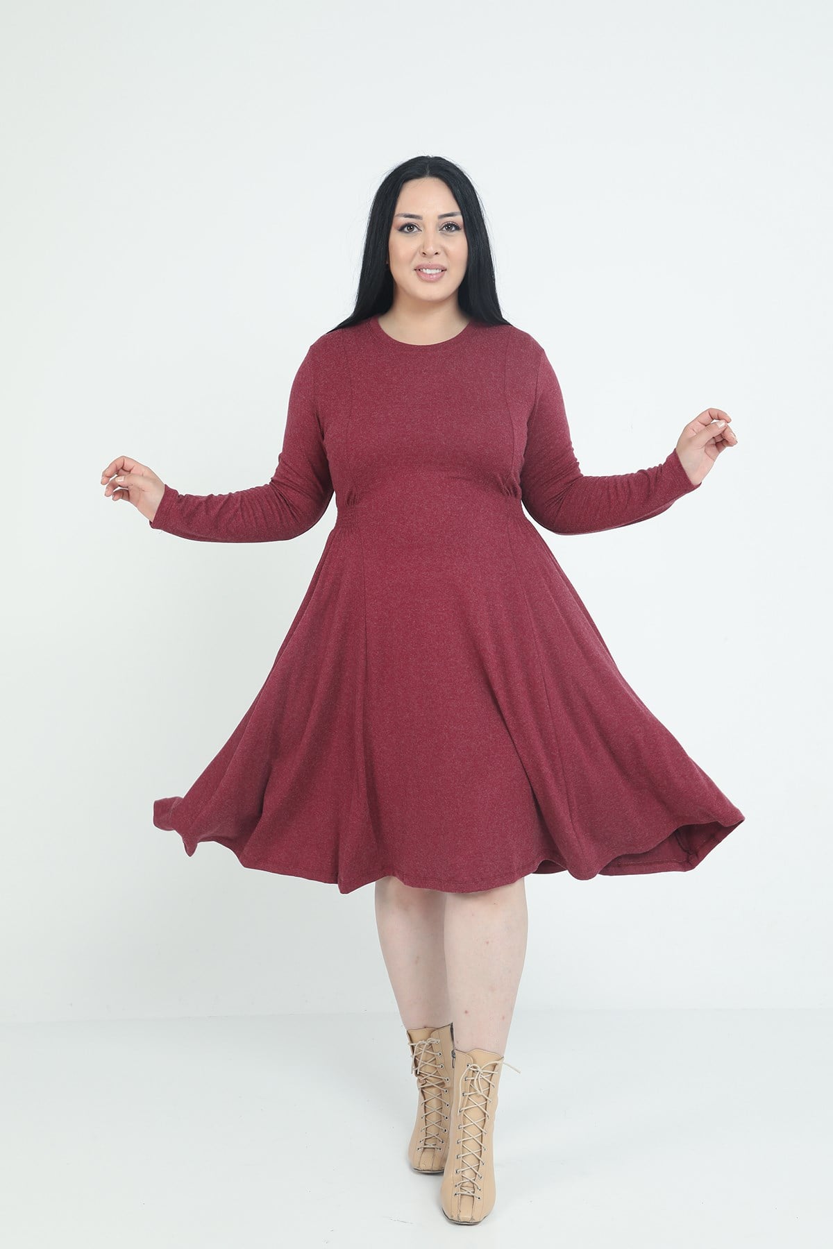 Plus Size Round Neck Pocket Gathered Side Waist Wool Viscose Midi Burgundy Dress