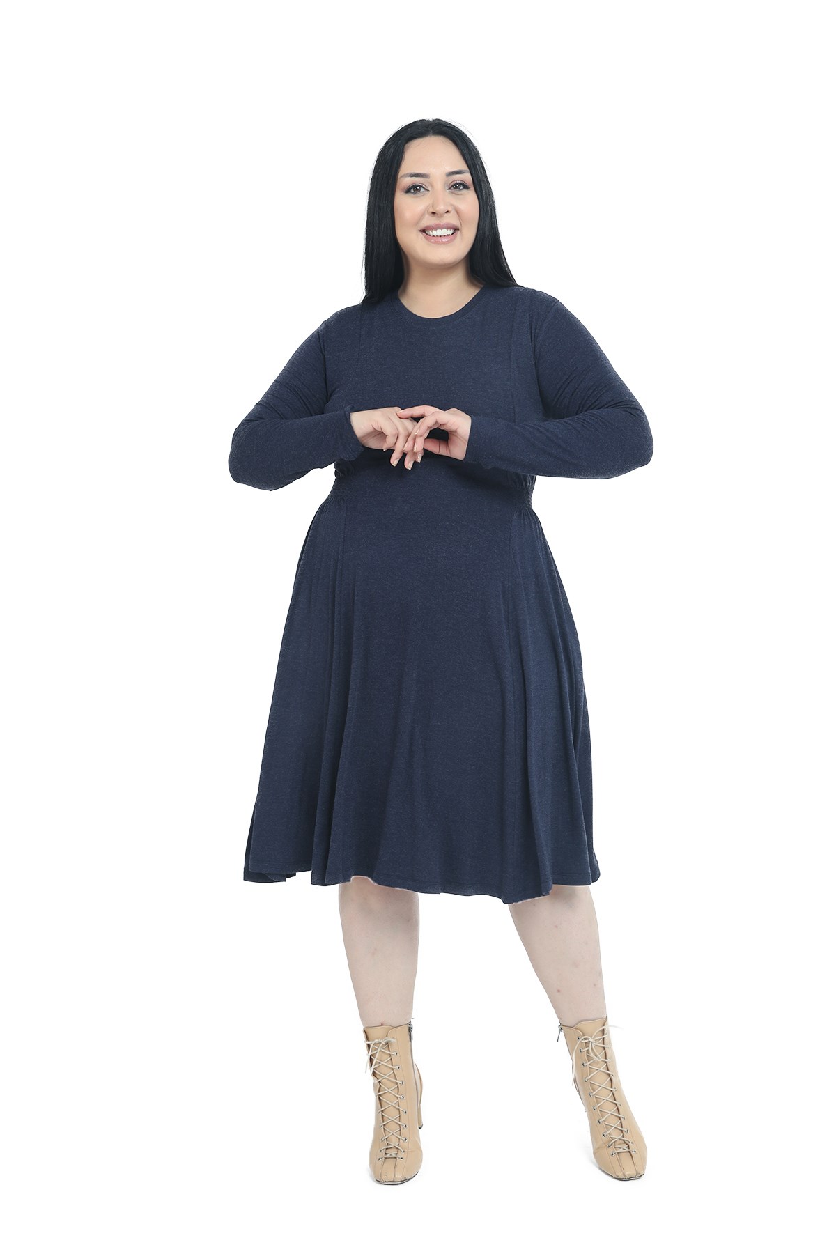 Plus Size Round Neck Pocket Gathered Side Waist Wool Viscose Midi Navy Blue Dress