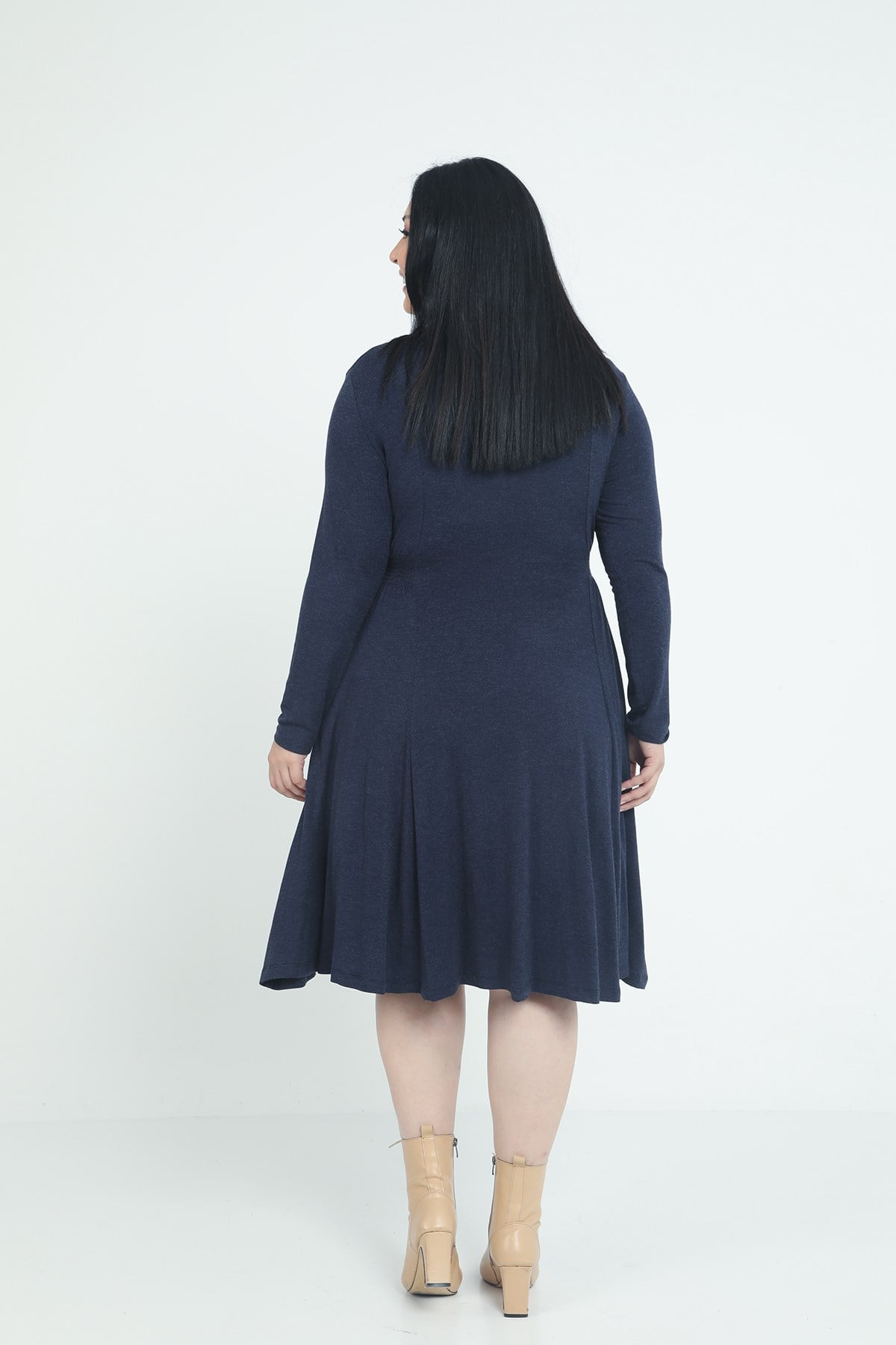Plus Size Round Neck Pocket Gathered Side Waist Wool Viscose Midi Navy Blue Dress