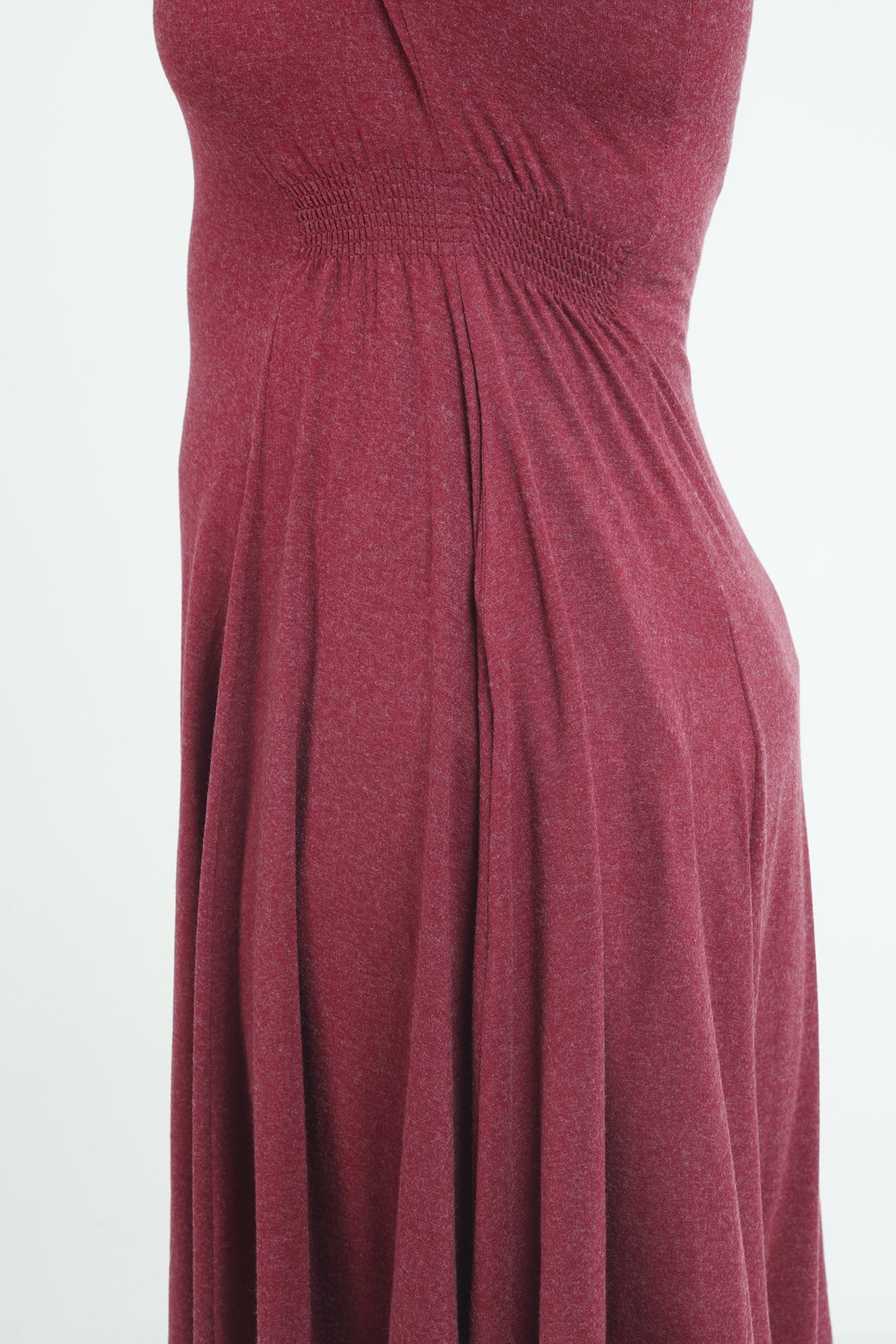 Plus Size Round Neck Pocket Gathered Side Waist Wool Viscose Midi Burgundy Dress