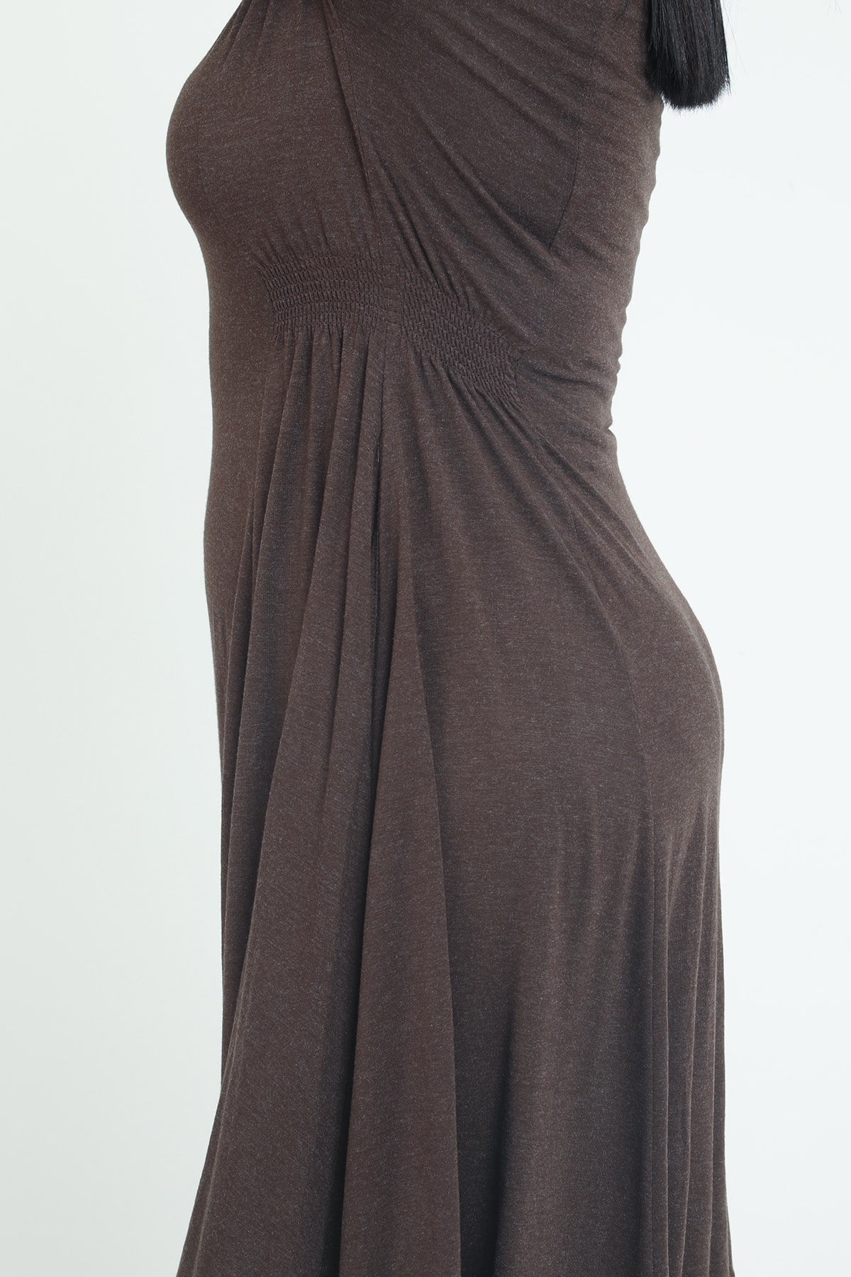 Plus Size Round Neck Pocket Gathered Side Waist Wool Viscose Midi Brown Dress