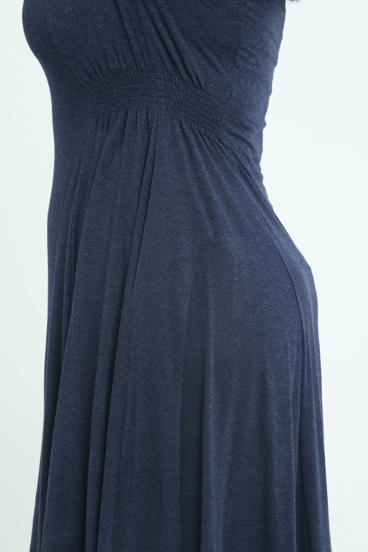 Plus Size Round Neck Pocket Gathered Side Waist Wool Viscose Midi Navy Blue Dress