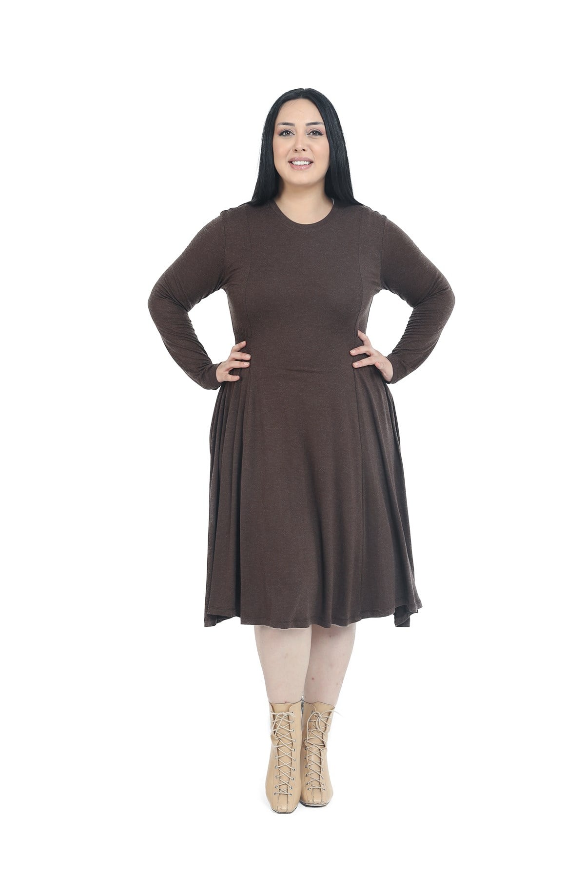 Plus Size Round Neck Pocket Gathered Side Waist Wool Viscose Midi Brown Dress
