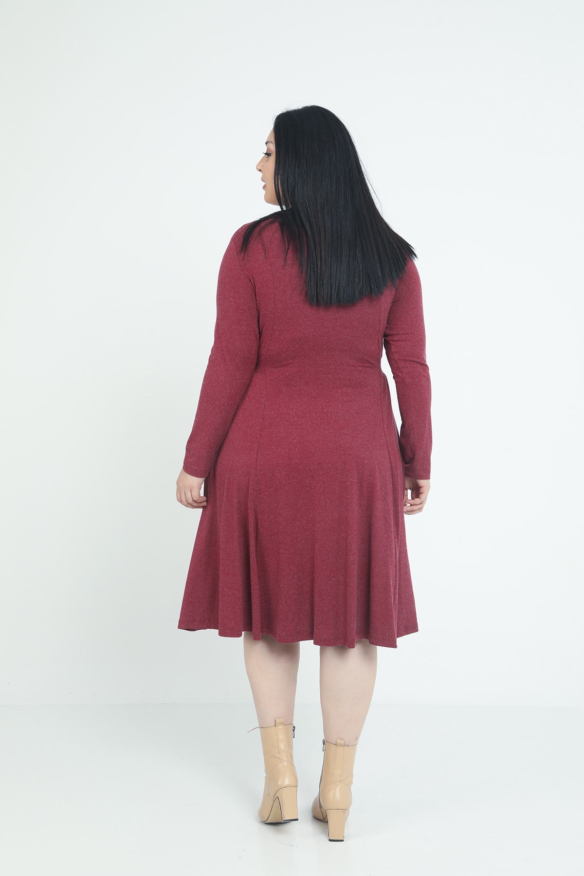 Plus Size Round Neck Pocket Gathered Side Waist Wool Viscose Midi Burgundy Dress