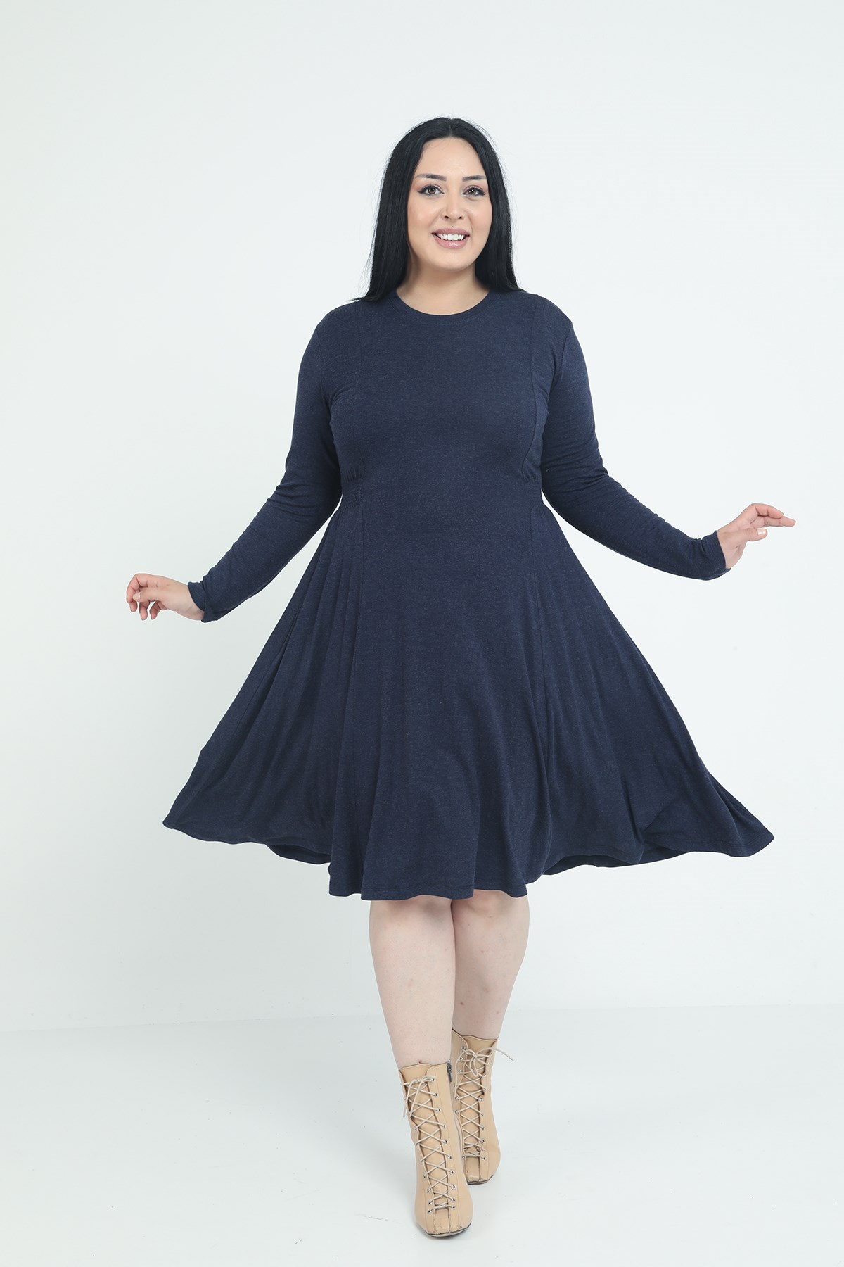 Plus Size Round Neck Pocket Gathered Side Waist Wool Viscose Midi Navy Blue Dress