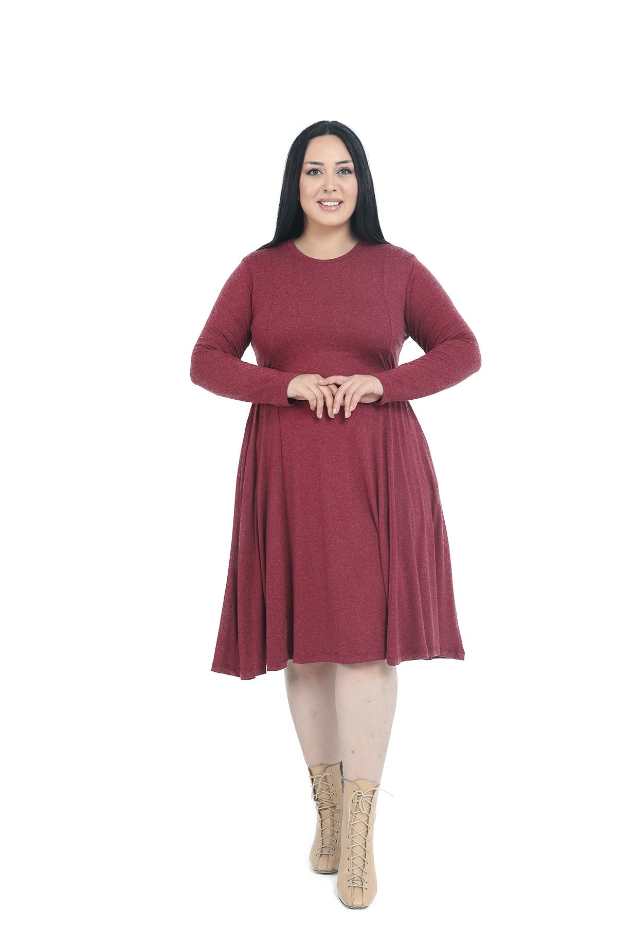 Plus Size Round Neck Pocket Gathered Side Waist Wool Viscose Midi Burgundy Dress
