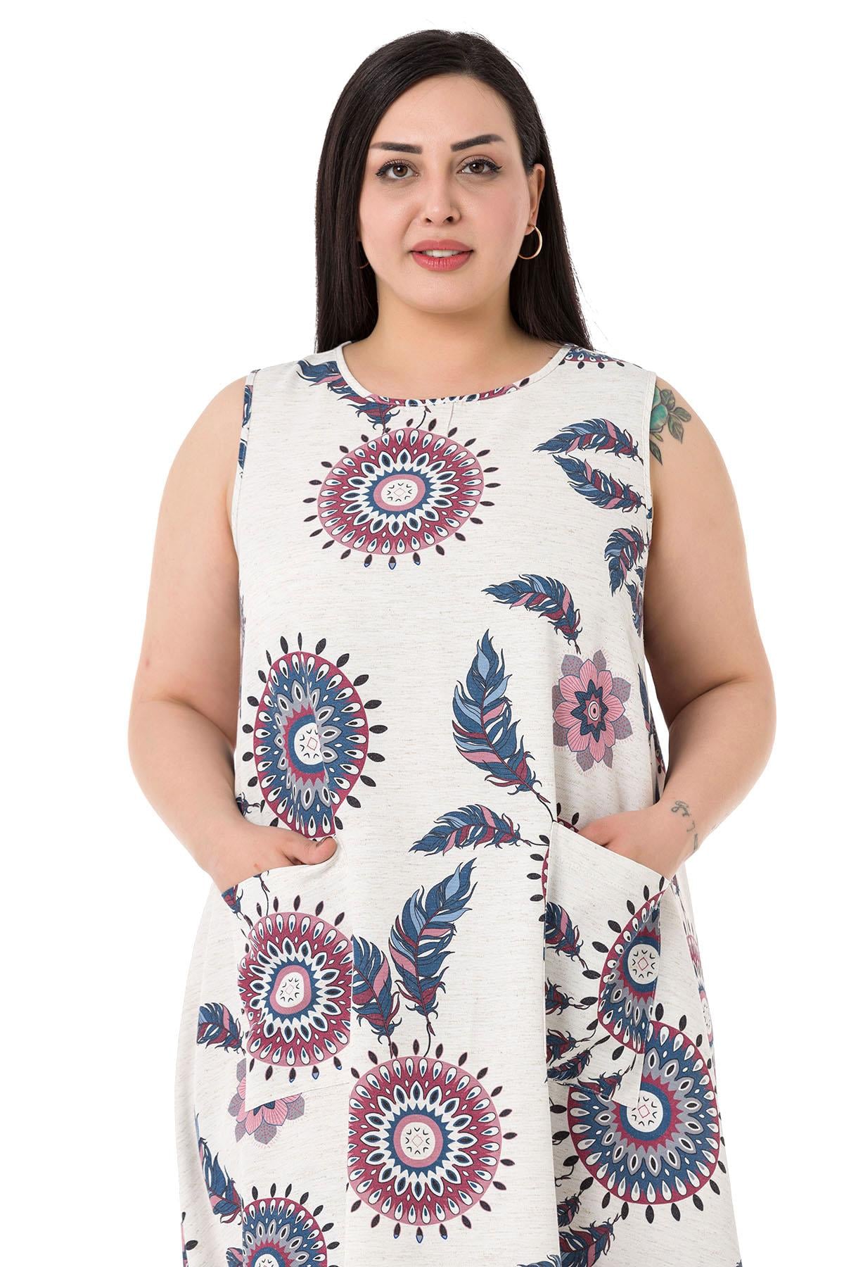 Plus Size Buckle Detailed Elastic Cuffs Long Back Linen İndigo Tunic Dress