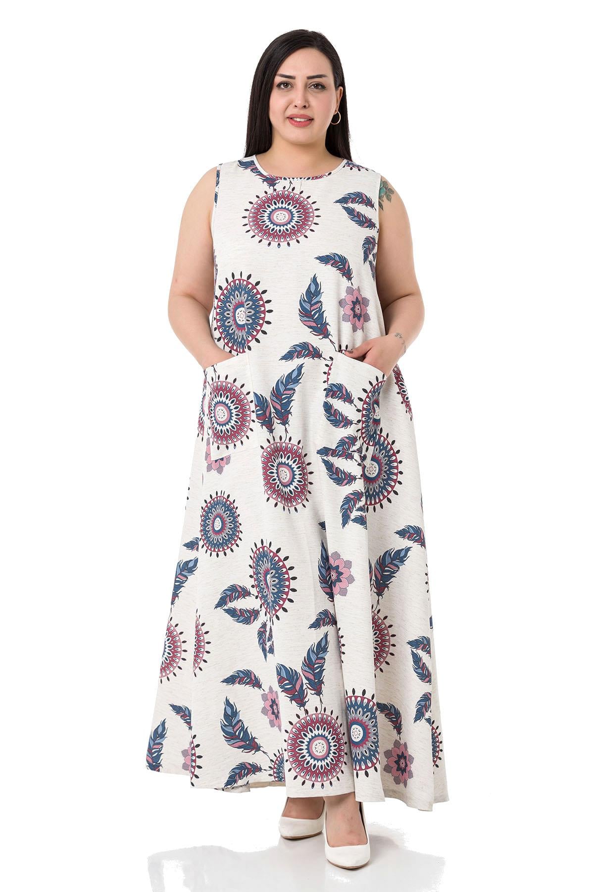 Plus Size Buckle Detailed Elastic Cuffs Long Back Linen İndigo Tunic Dress