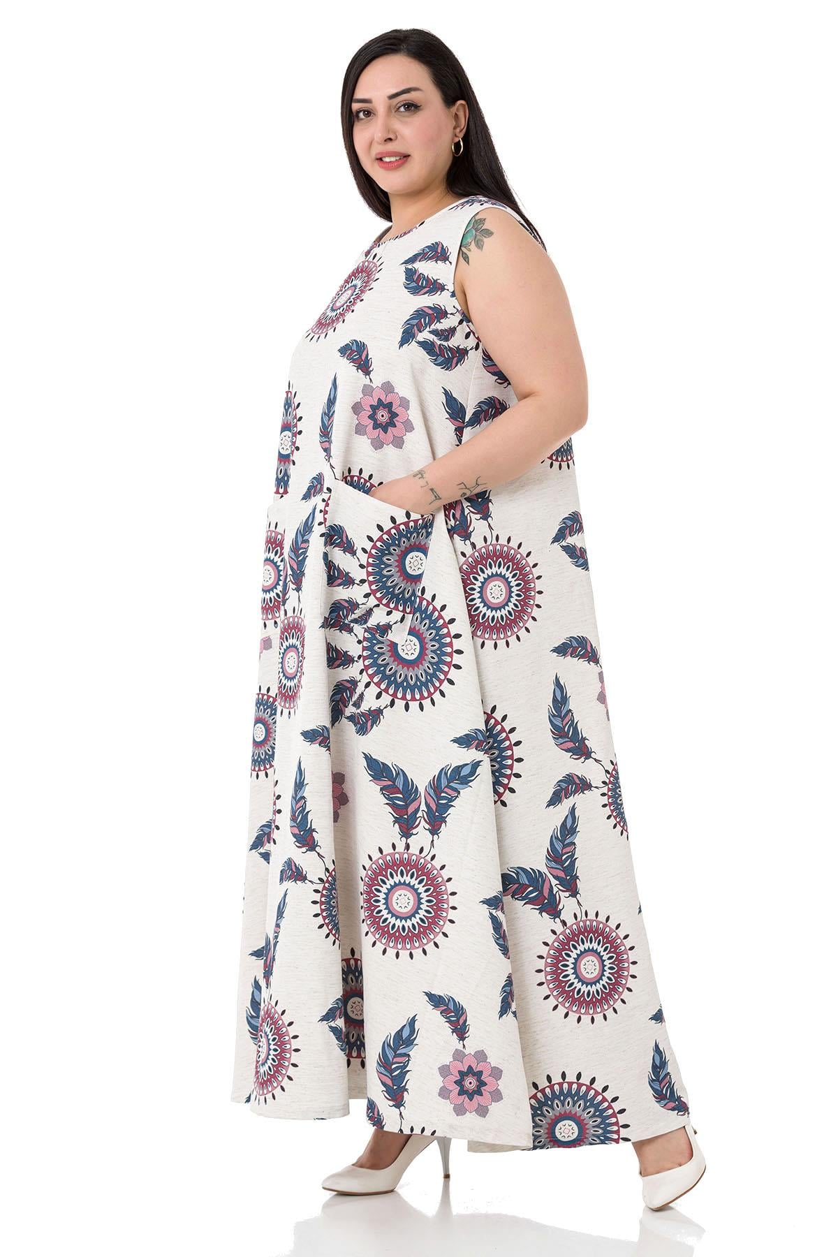 Plus Size Buckle Detailed Elastic Cuffs Long Back Linen İndigo Tunic Dress