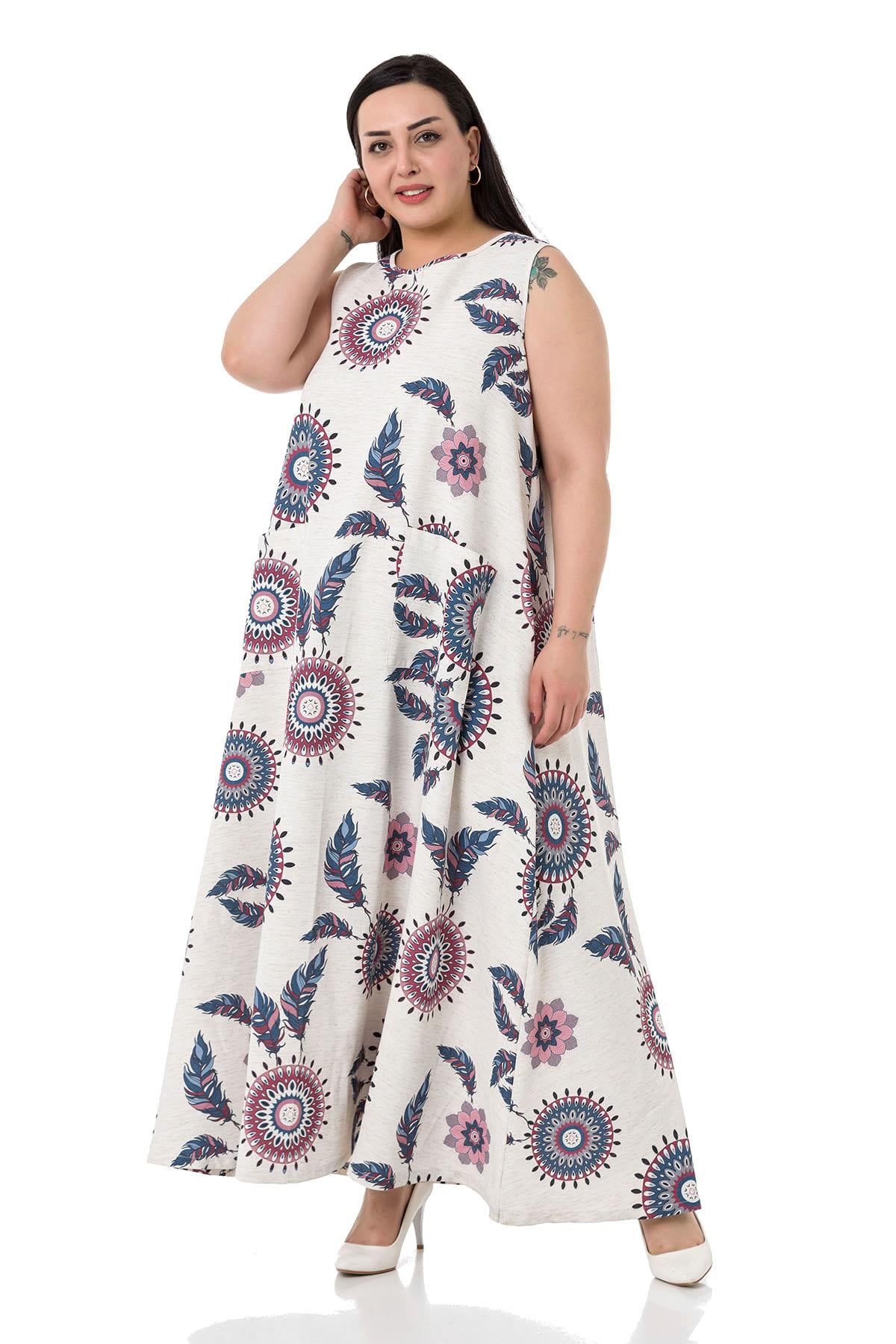 Plus Size Buckle Detailed Elastic Cuffs Long Back Linen İndigo Tunic Dress