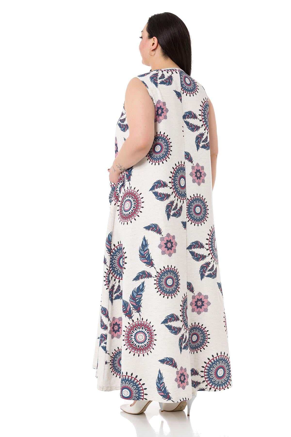 Plus Size Buckle Detailed Elastic Cuffs Long Back Linen İndigo Tunic Dress