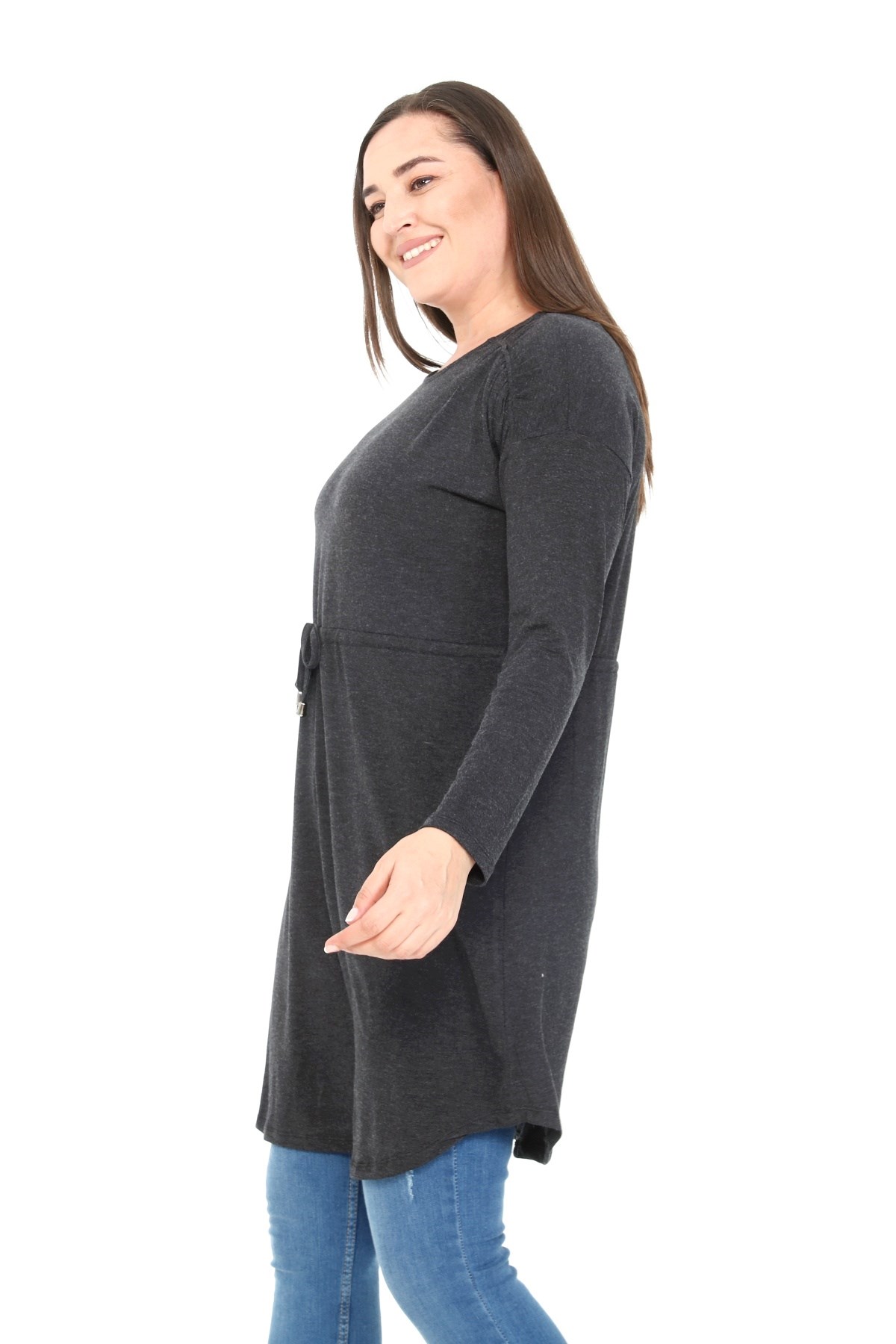 Plus Size Round Neck Detailed Pocket Waist Drawstring Wool Viscose Black Tunic Dress
