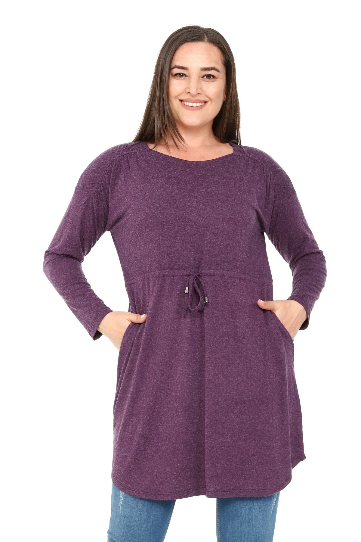 Plus Size Round Neck Detailed Pocket Waist Drawstring Wool Viscose Plum Tunic Dress