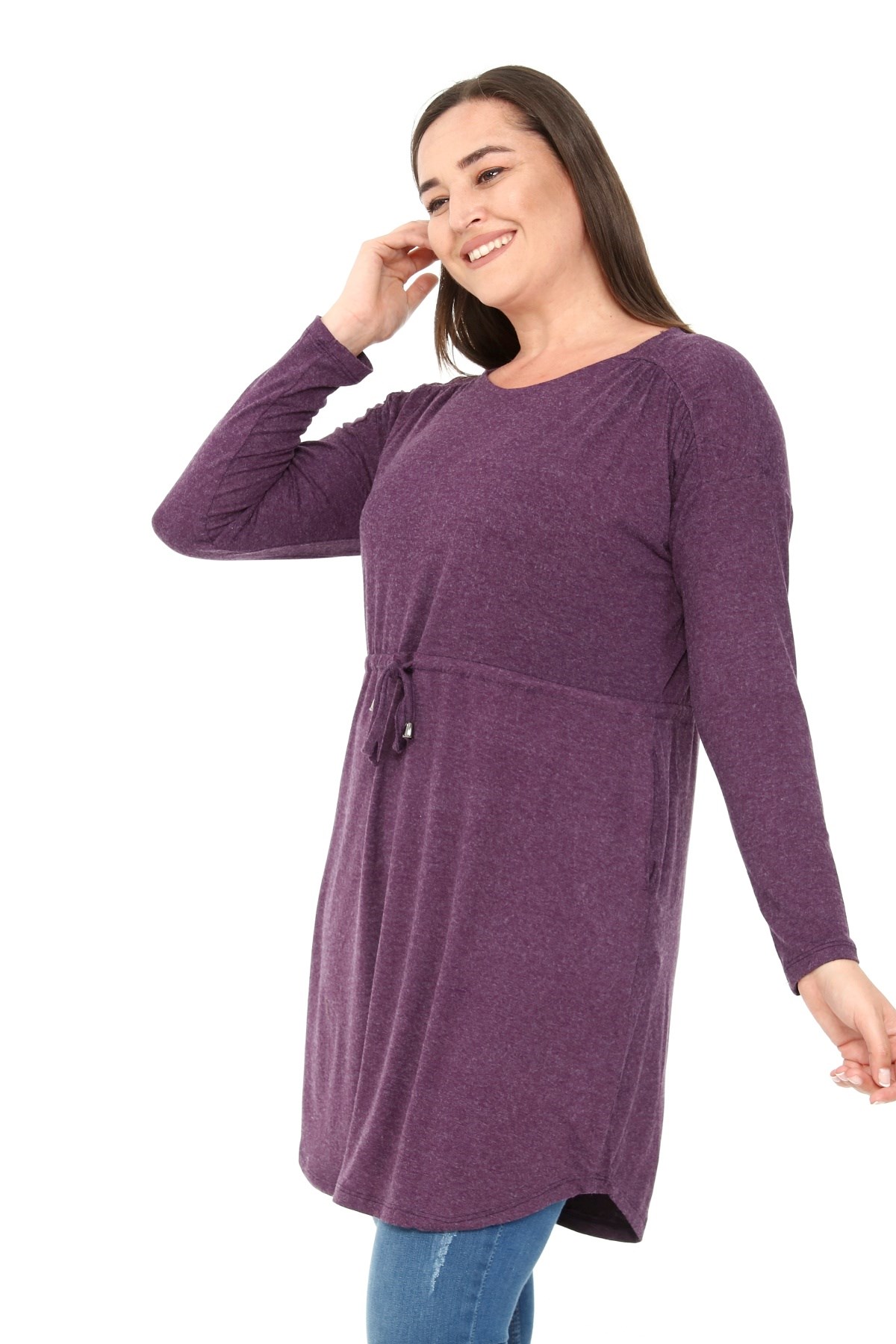 Plus Size Round Neck Detailed Pocket Waist Drawstring Wool Viscose Plum Tunic Dress