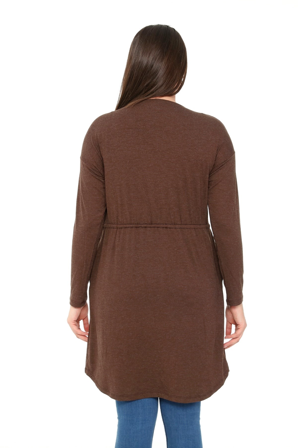 Plus Size Round Neck Detailed Pocket Waist Drawstring Wool Viscose Brown Tunic Dress