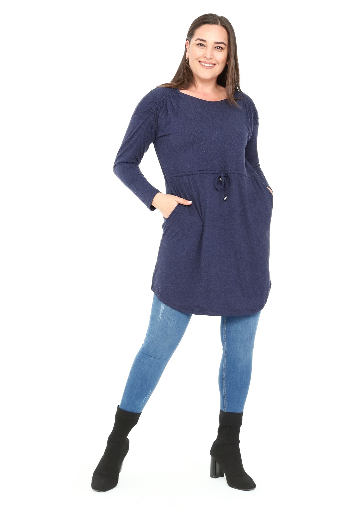 Plus Size Round Neck Detailed Pocket Waist Drawstring Wool Viscose Navy Blue Tunic Dress