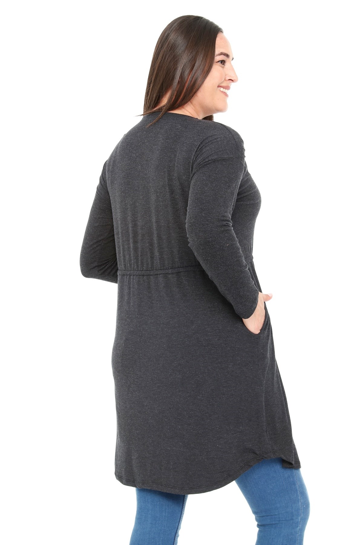 Plus Size Round Neck Detailed Pocket Waist Drawstring Wool Viscose Black Tunic Dress