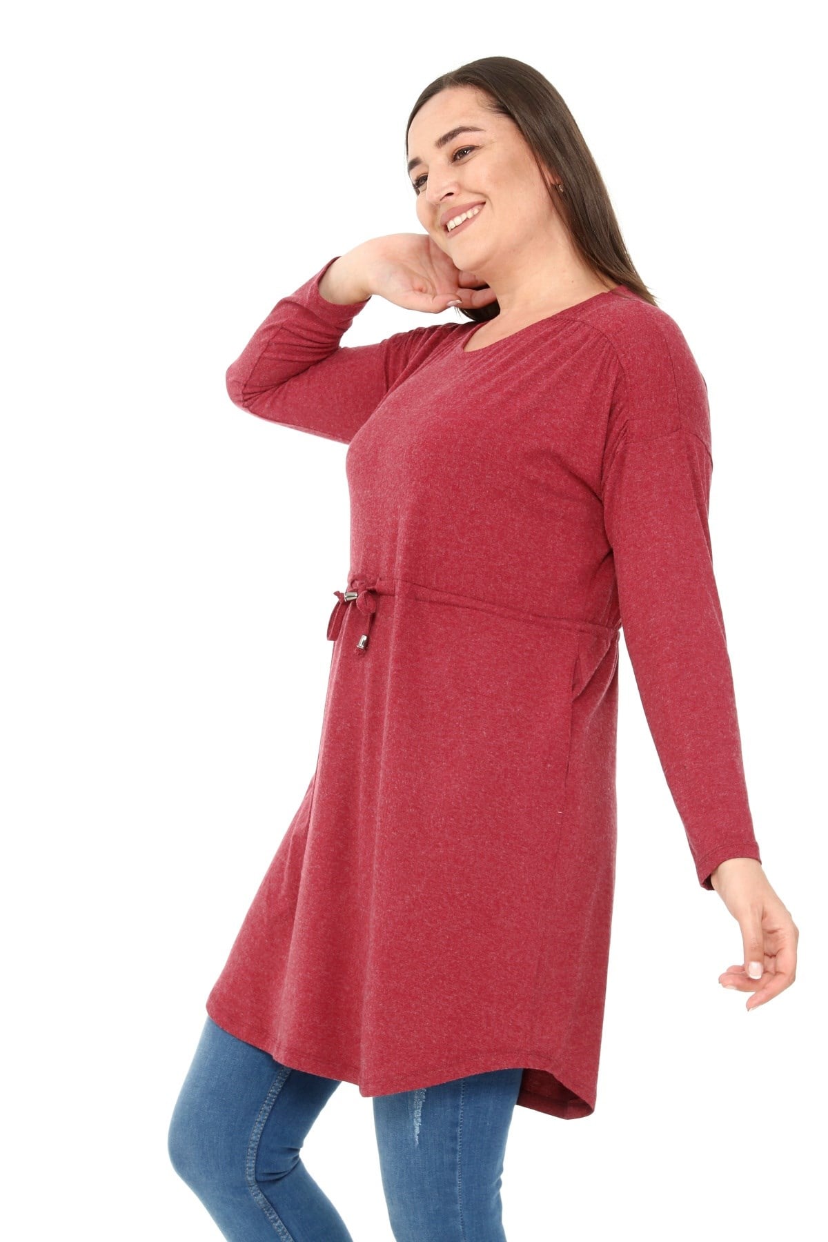 Plus Size Round Neck Detailed Pocket Waist Drawstring Wool Viscose Burgundy Tunic Dress