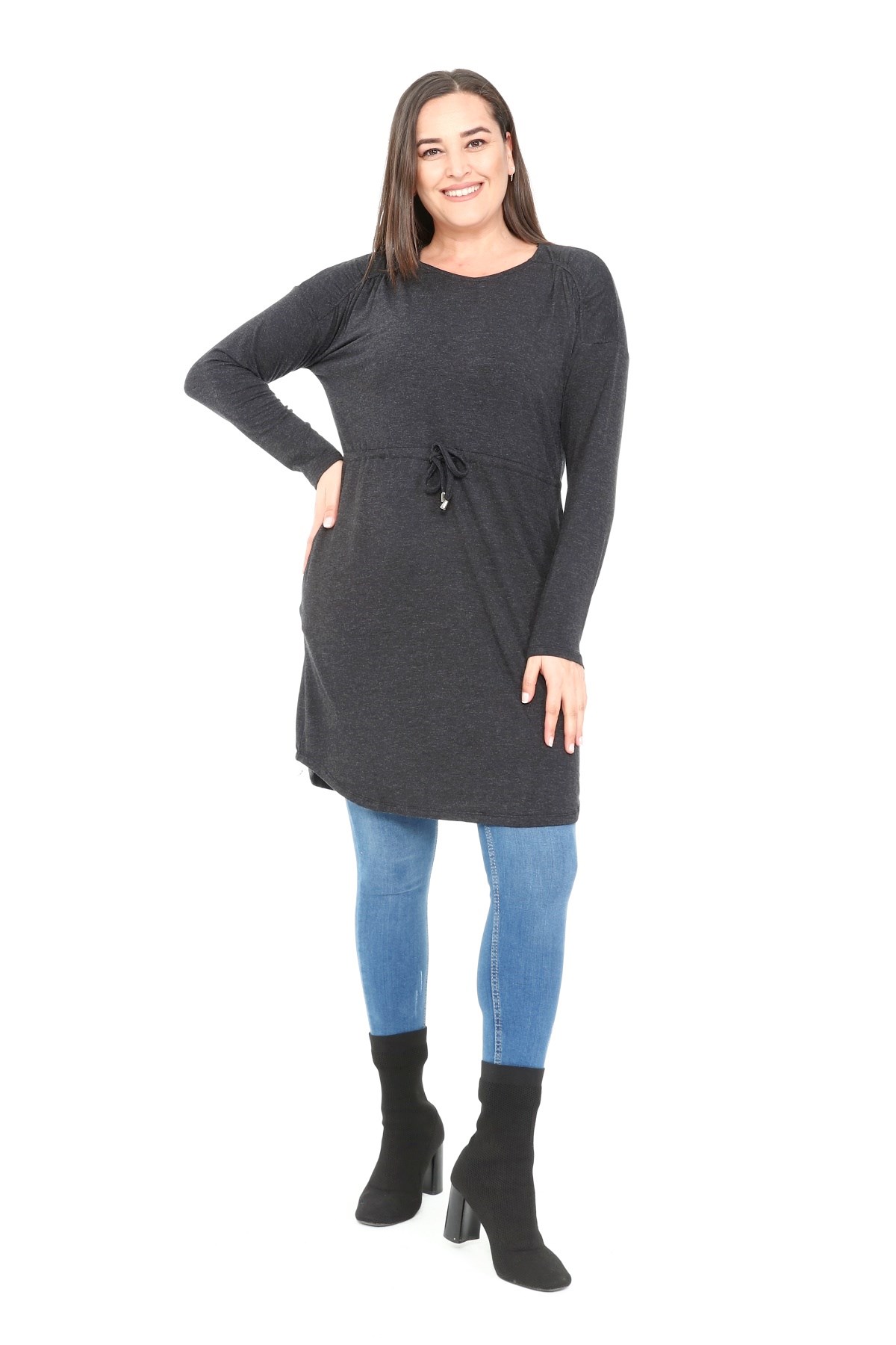 Plus Size Round Neck Detailed Pocket Waist Drawstring Wool Viscose Black Tunic Dress