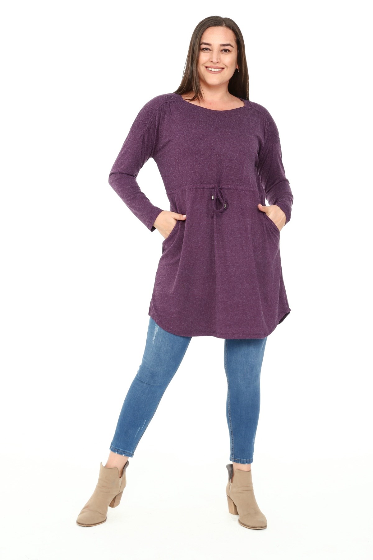 Plus Size Round Neck Detailed Pocket Waist Drawstring Wool Viscose Plum Tunic Dress