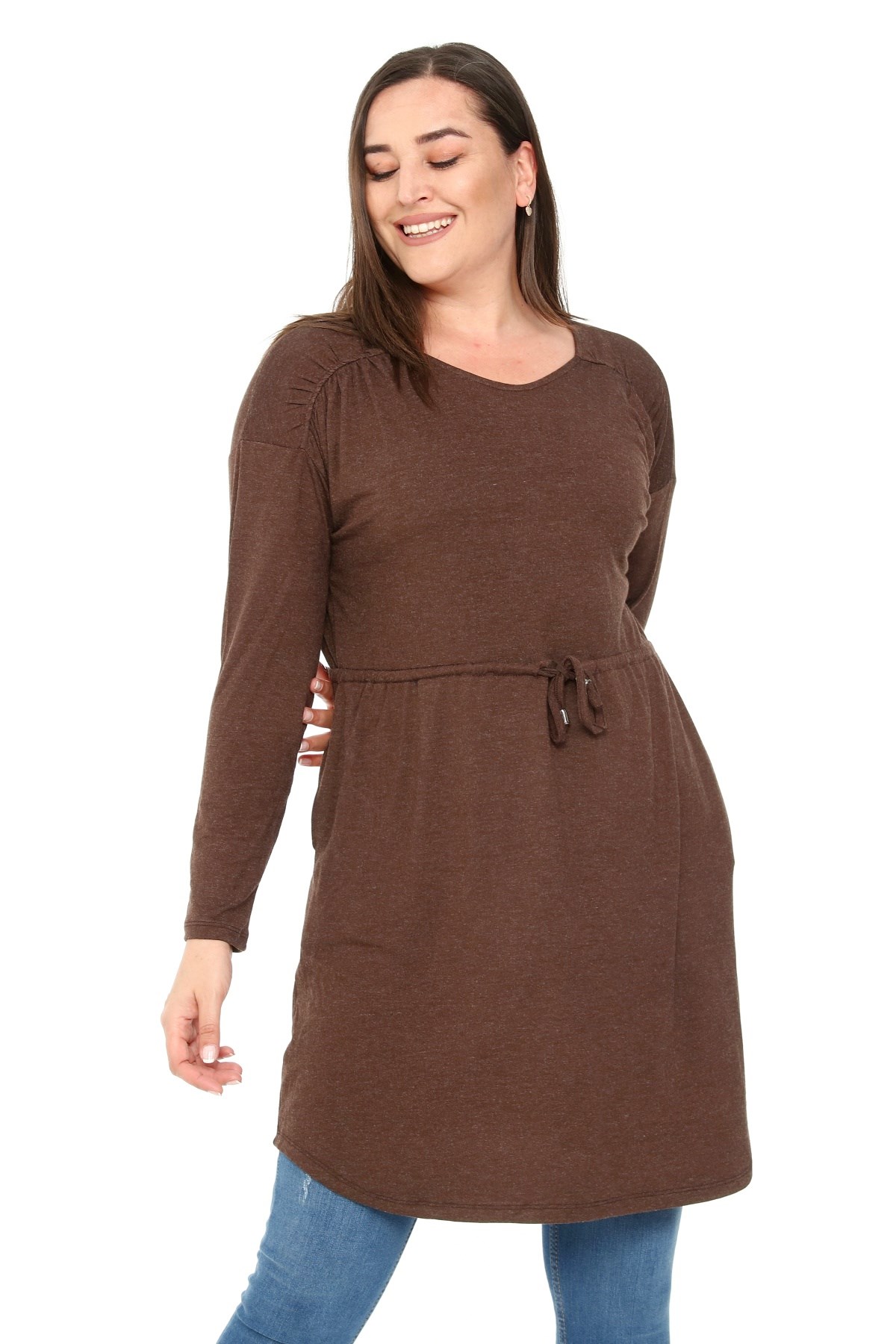 Plus Size Round Neck Detailed Pocket Waist Drawstring Wool Viscose Brown Tunic Dress