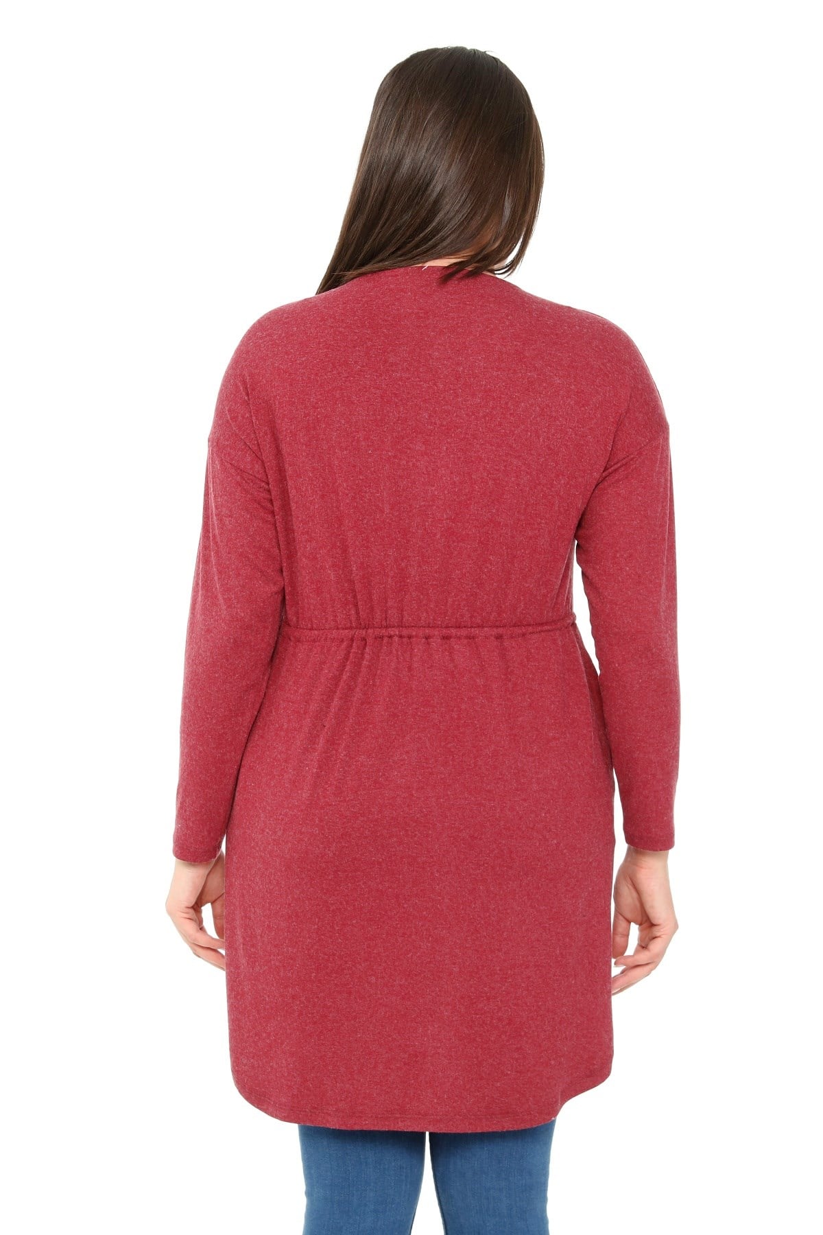 Plus Size Round Neck Detailed Pocket Waist Drawstring Wool Viscose Burgundy Tunic Dress