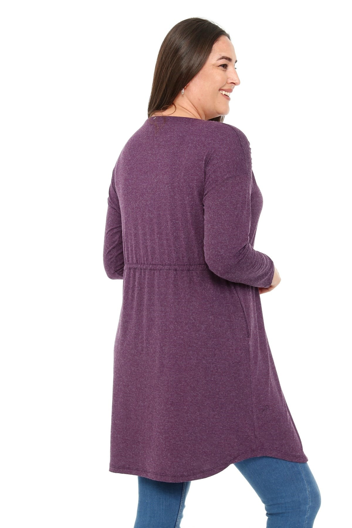 Plus Size Round Neck Detailed Pocket Waist Drawstring Wool Viscose Plum Tunic Dress