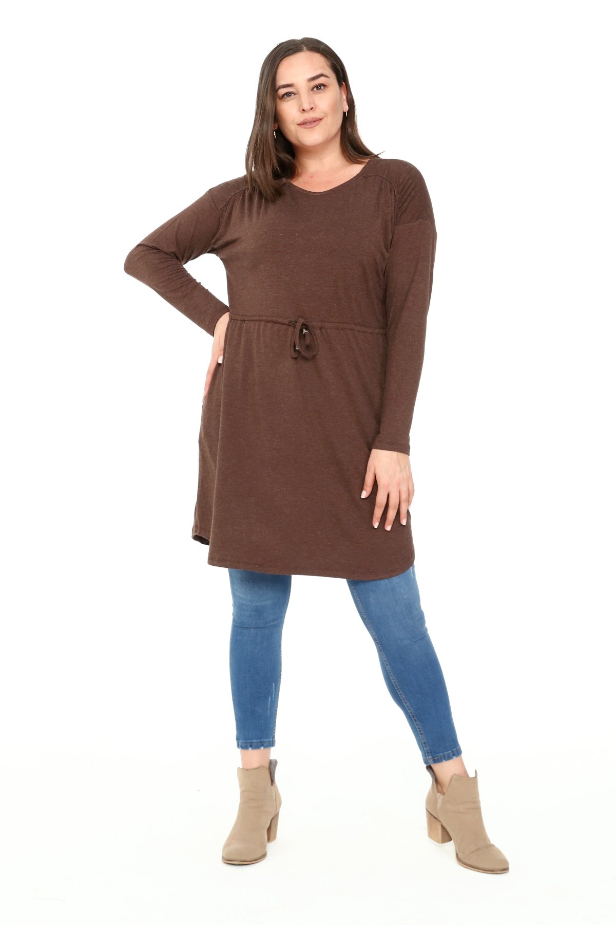 Plus Size Round Neck Detailed Pocket Waist Drawstring Wool Viscose Brown Tunic Dress