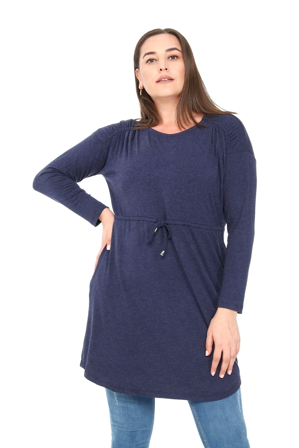 Plus Size Round Neck Detailed Pocket Waist Drawstring Wool Viscose Navy Blue Tunic Dress