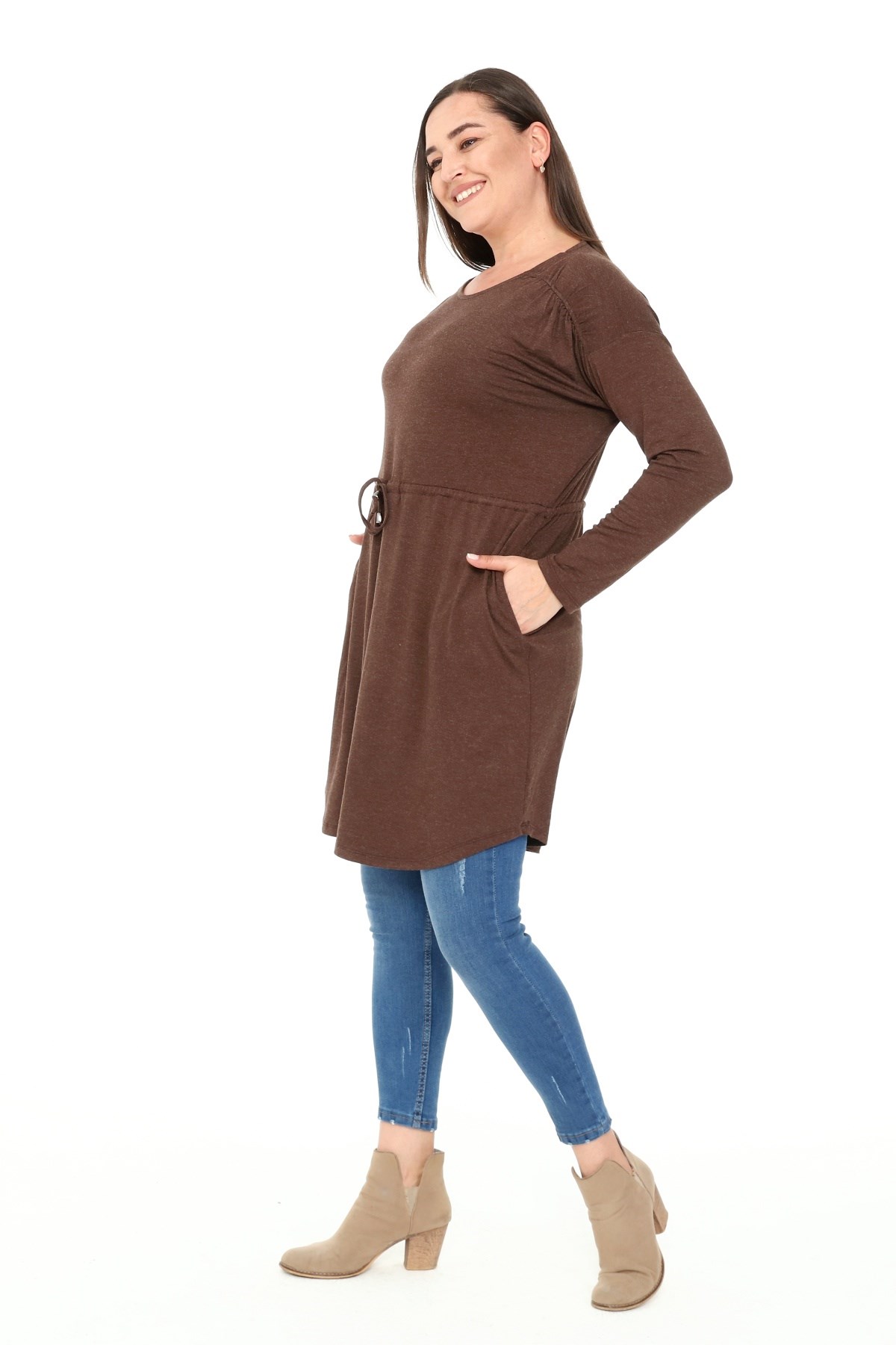 Plus Size Round Neck Detailed Pocket Waist Drawstring Wool Viscose Brown Tunic Dress