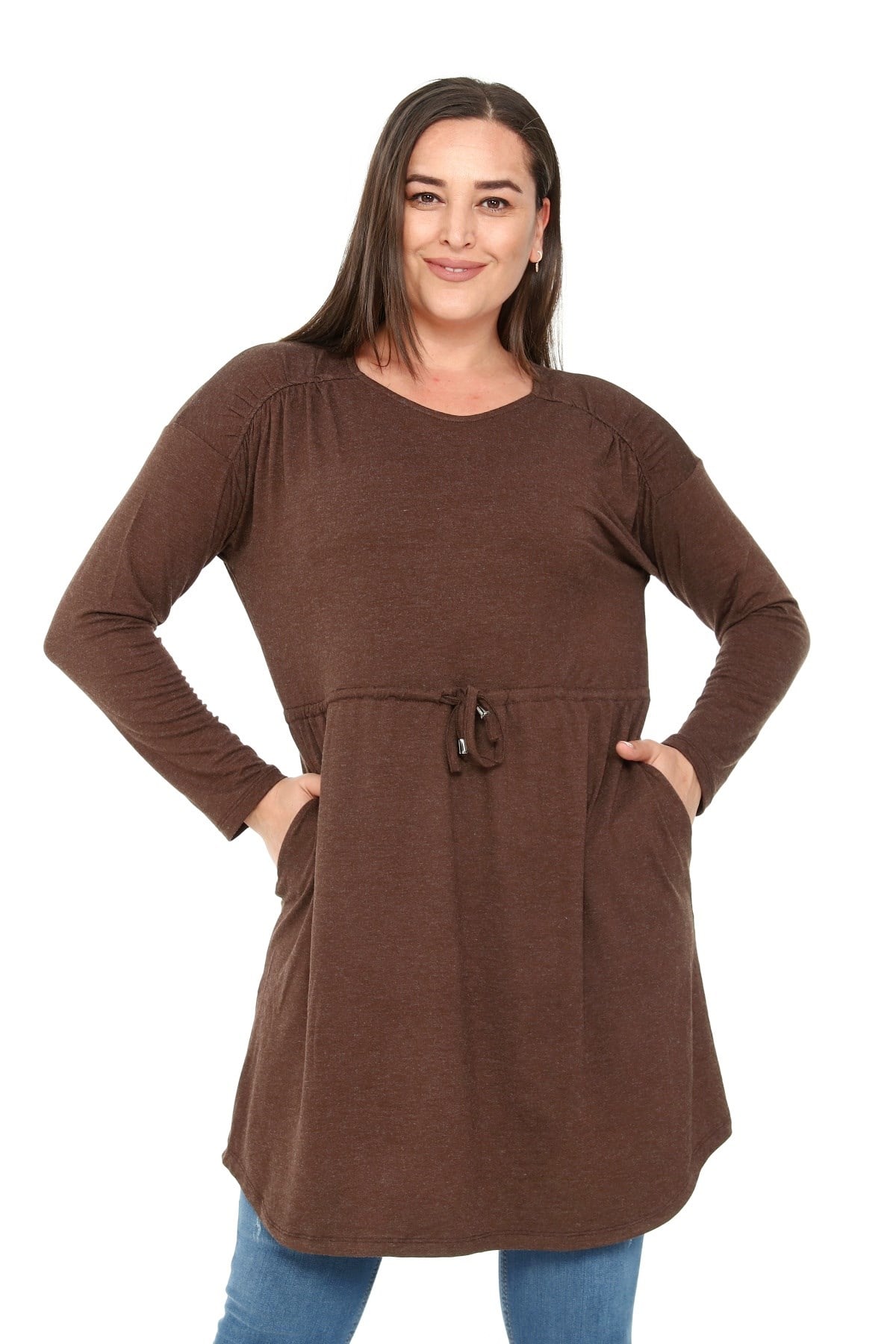 Plus Size Round Neck Detailed Pocket Waist Drawstring Wool Viscose Brown Tunic Dress