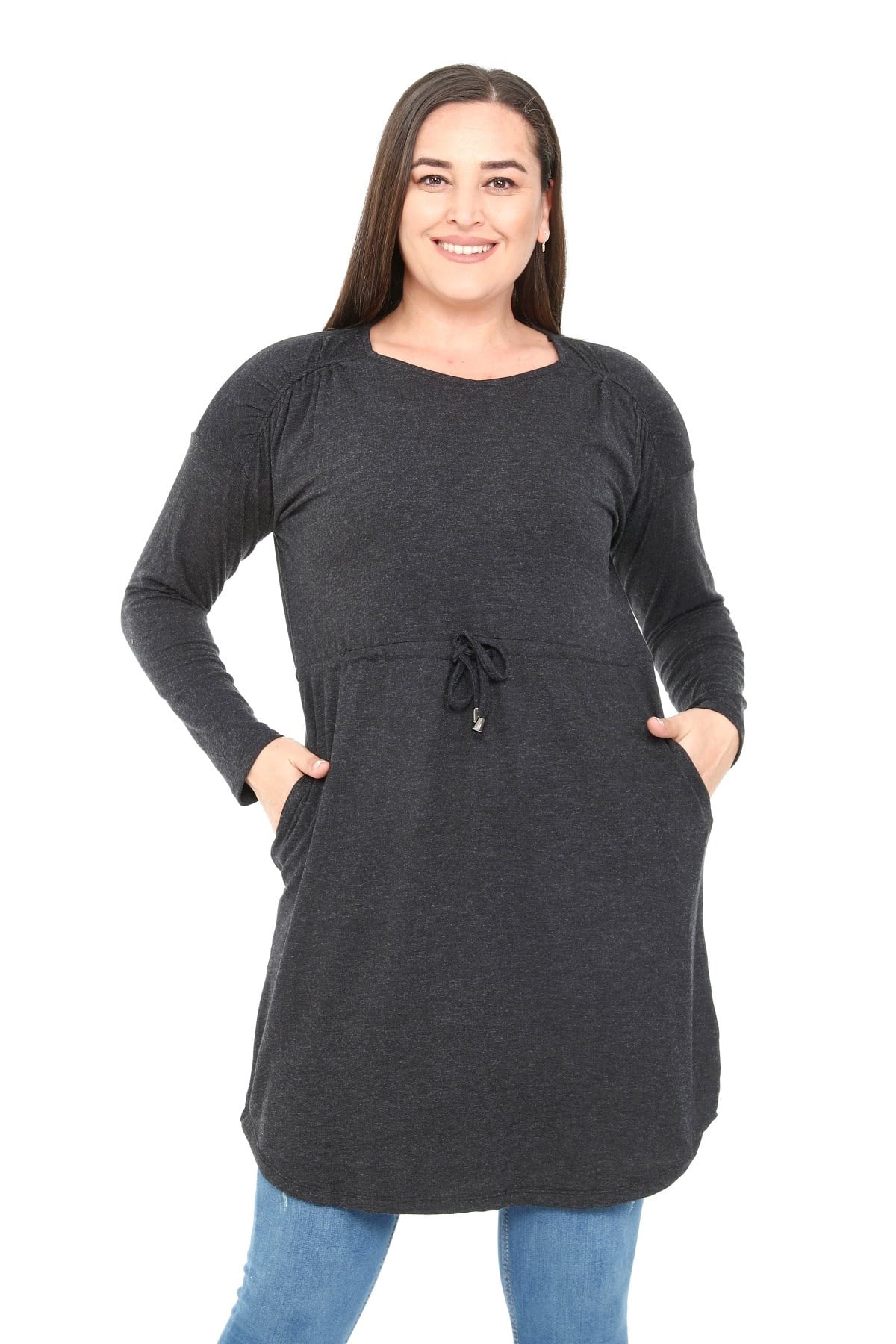 Plus Size Round Neck Detailed Pocket Waist Drawstring Wool Viscose Black Tunic Dress