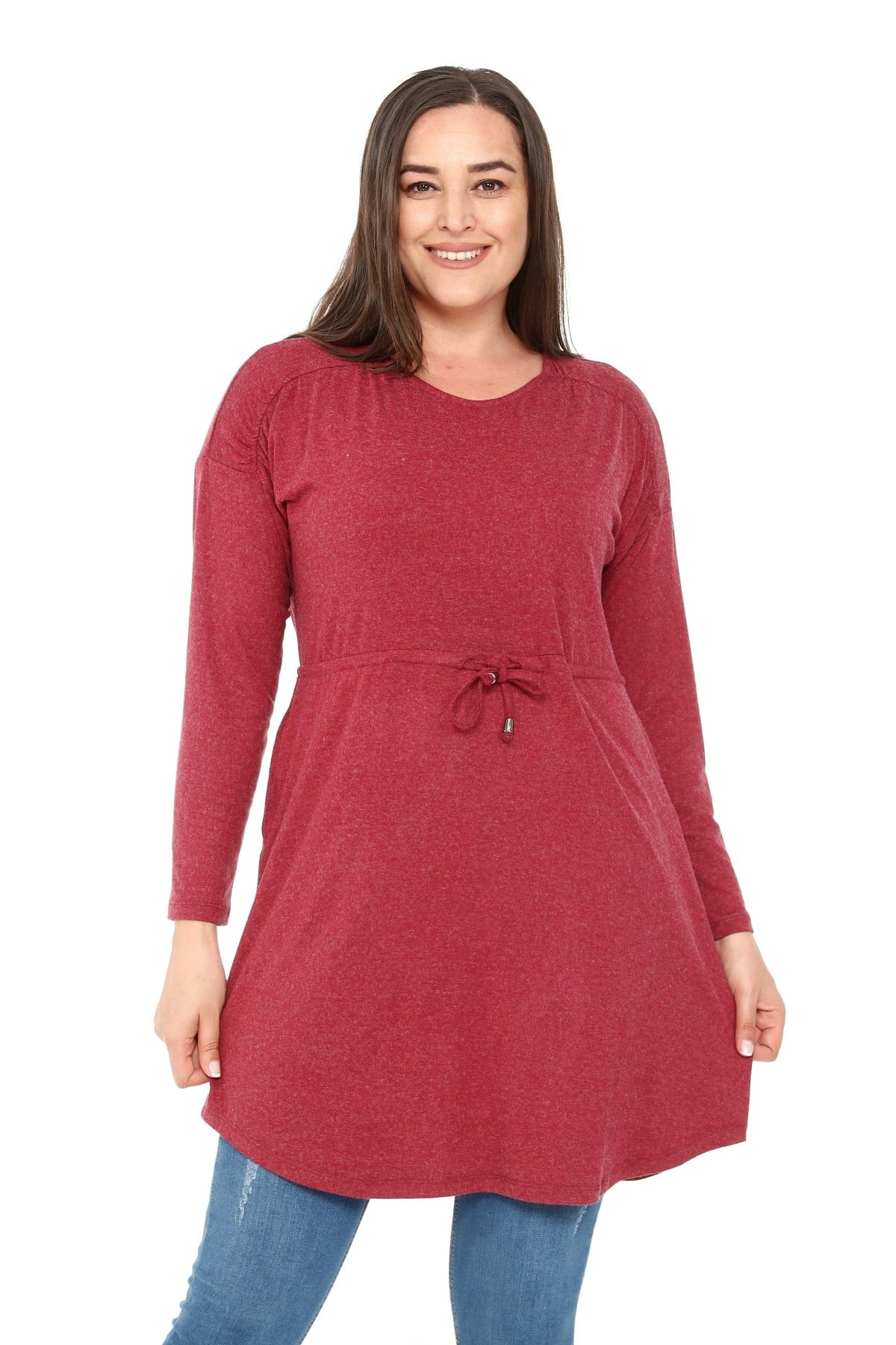 Plus Size Round Neck Detailed Pocket Waist Drawstring Wool Viscose Burgundy Tunic Dress