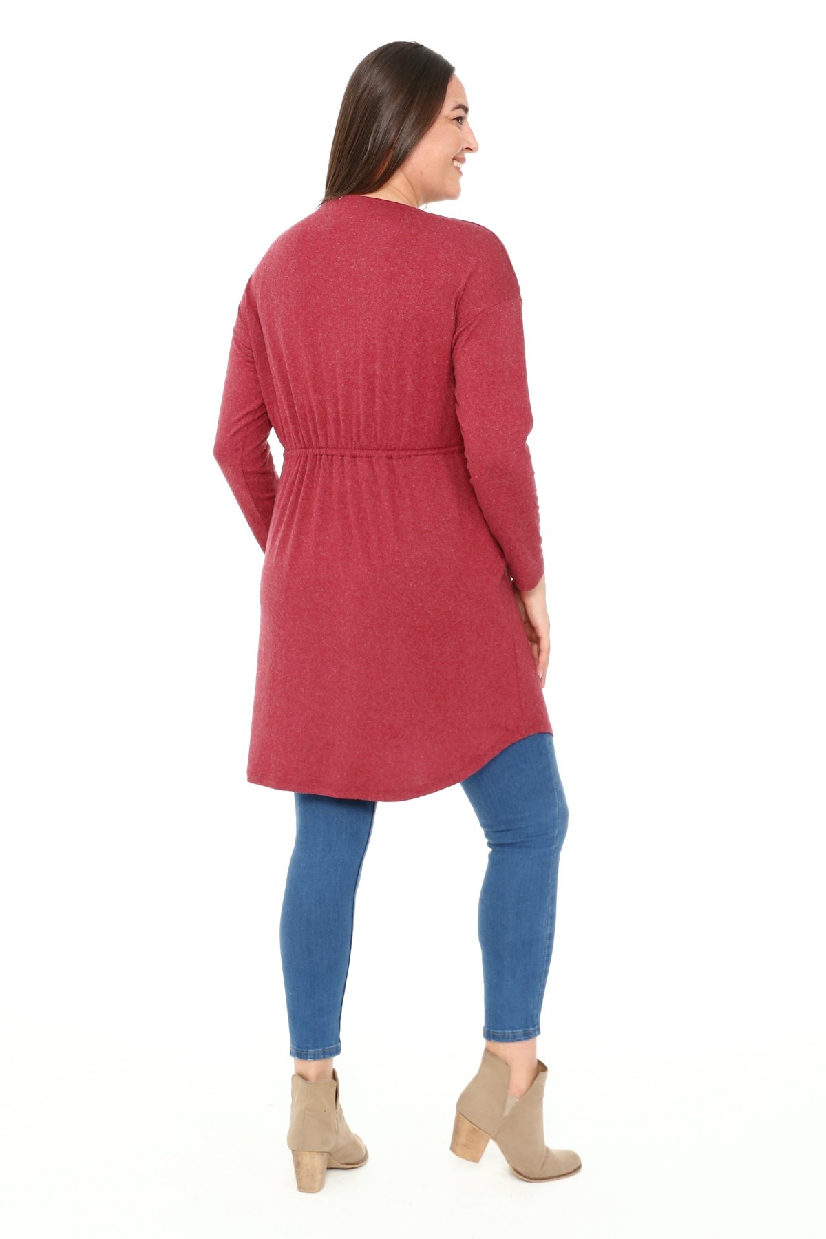 Plus Size Round Neck Detailed Pocket Waist Drawstring Wool Viscose Burgundy Tunic Dress