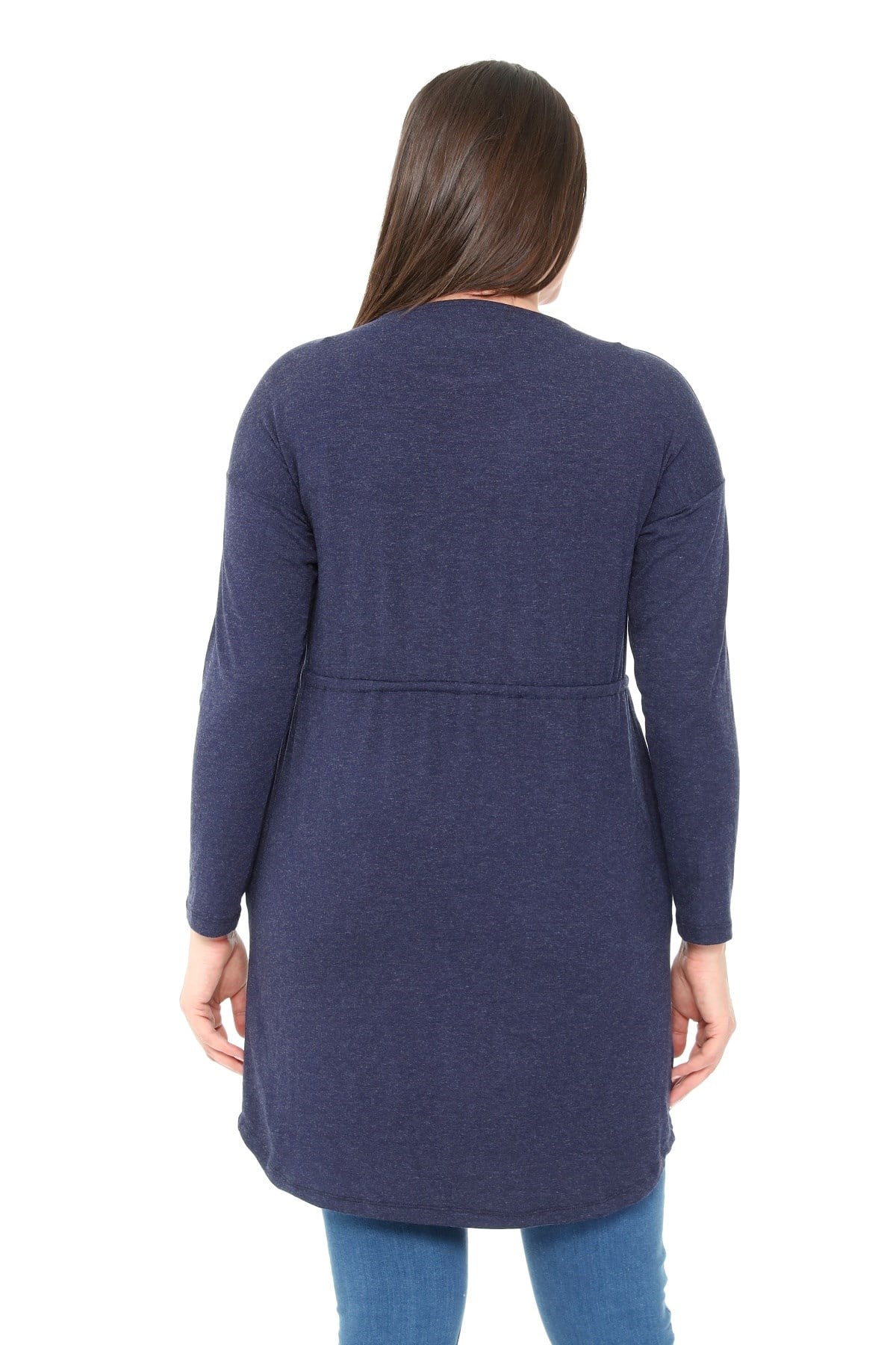 Plus Size Round Neck Detailed Pocket Waist Drawstring Wool Viscose Navy Blue Tunic Dress
