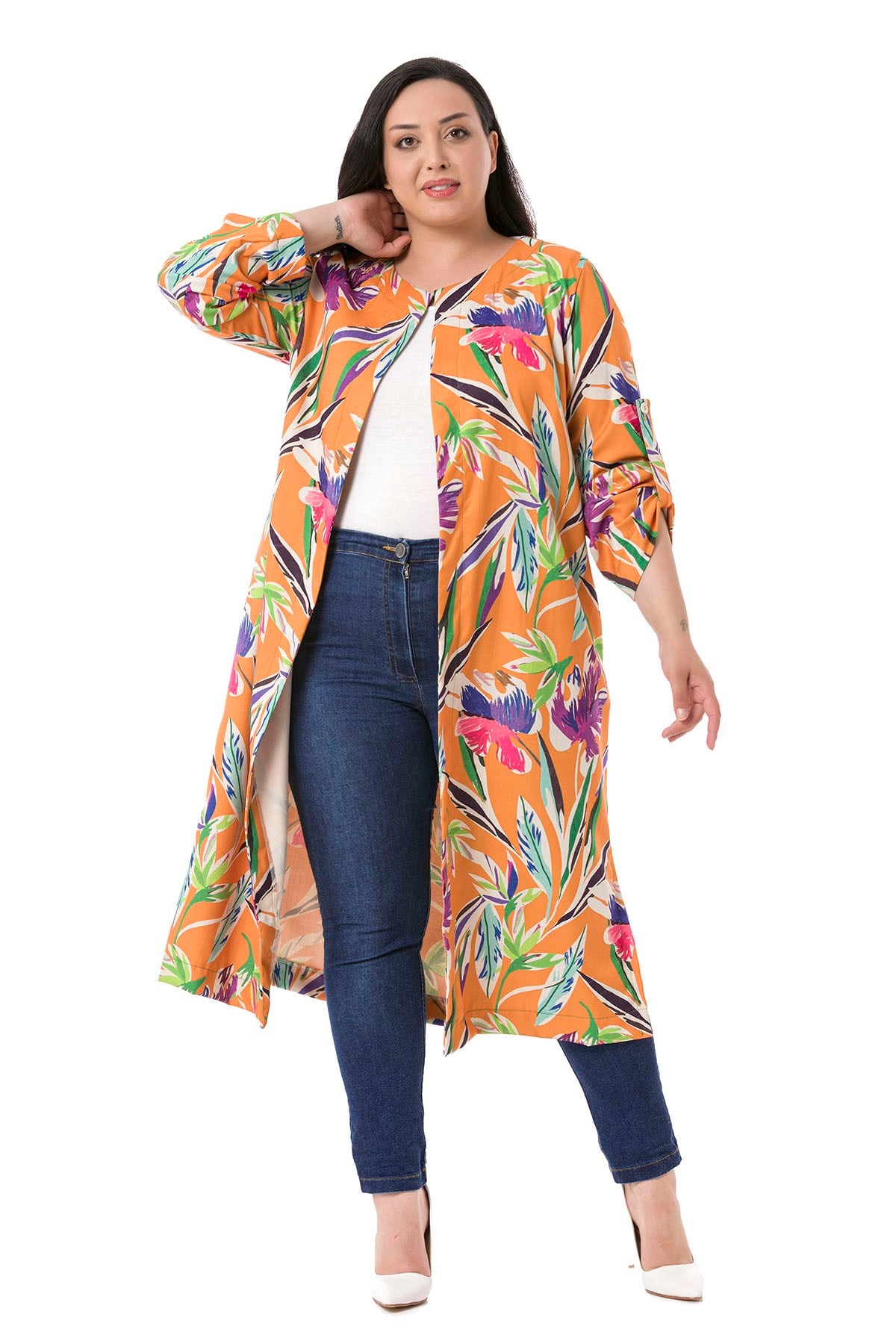 Plus Size Round Neck Orange Jacket with Slits on the Sides