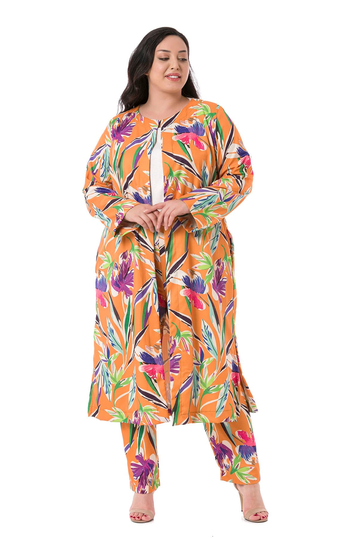Plus Size Round Neck Orange Jacket with Slits on the Sides