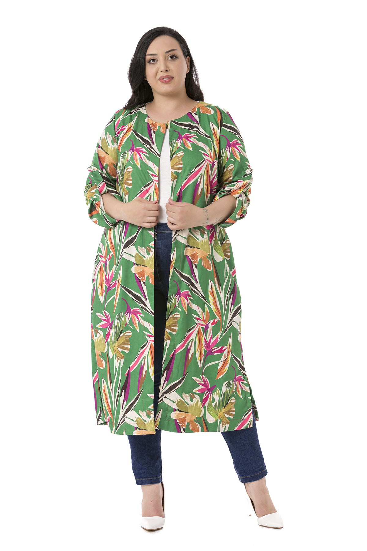 Plus Size Round Neck Green Jacket with Slits on the Sides
