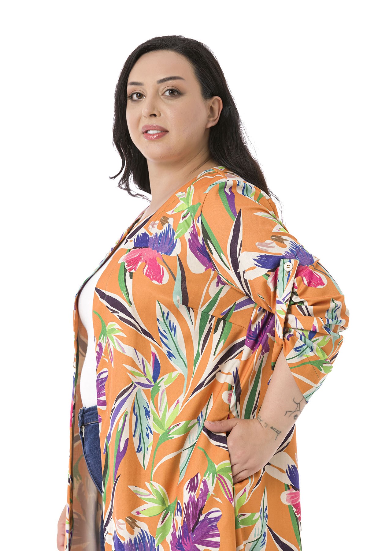 Plus Size Round Neck Orange Jacket with Slits on the Sides